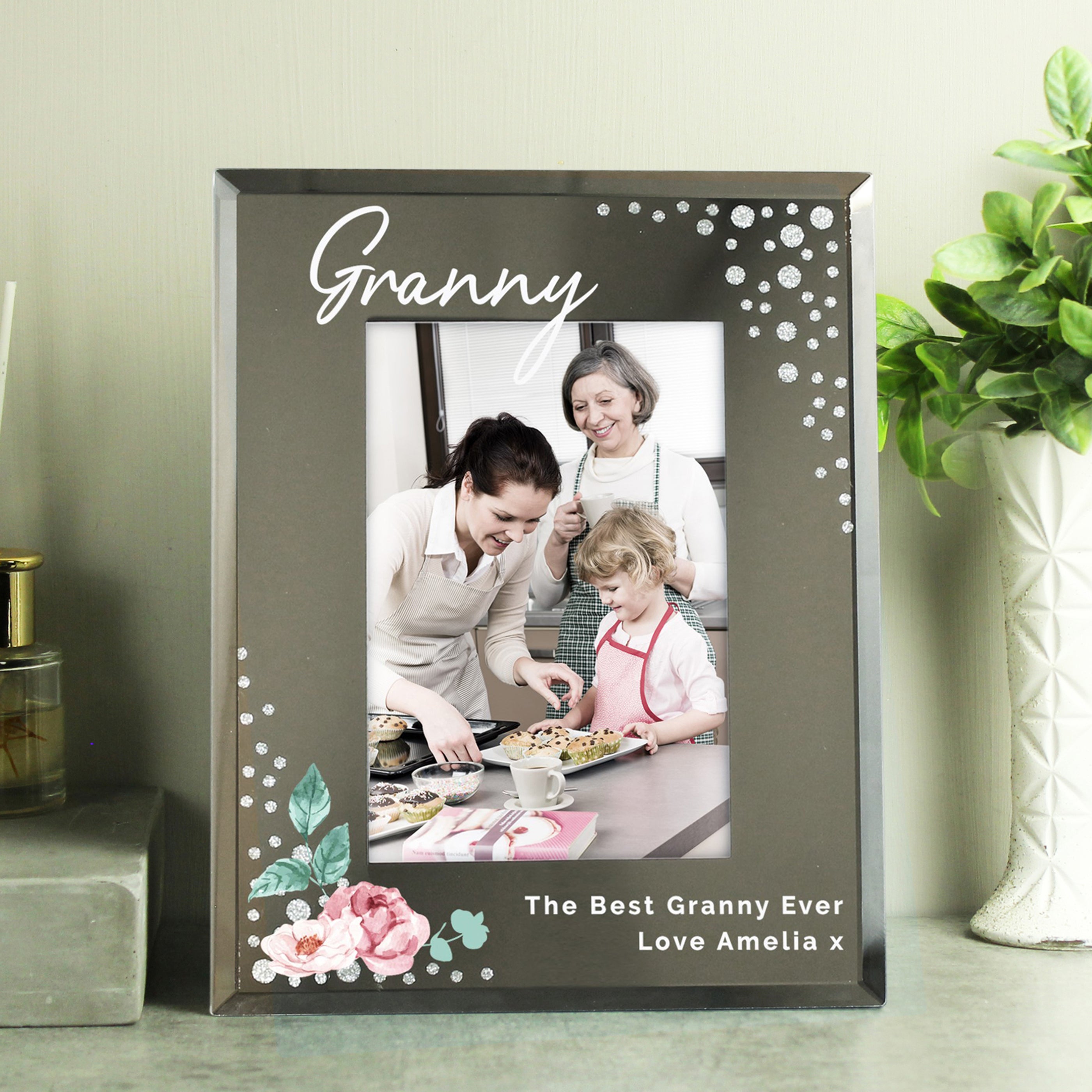 Personalised Floral 6x4 Diamante Glass Photo Frame