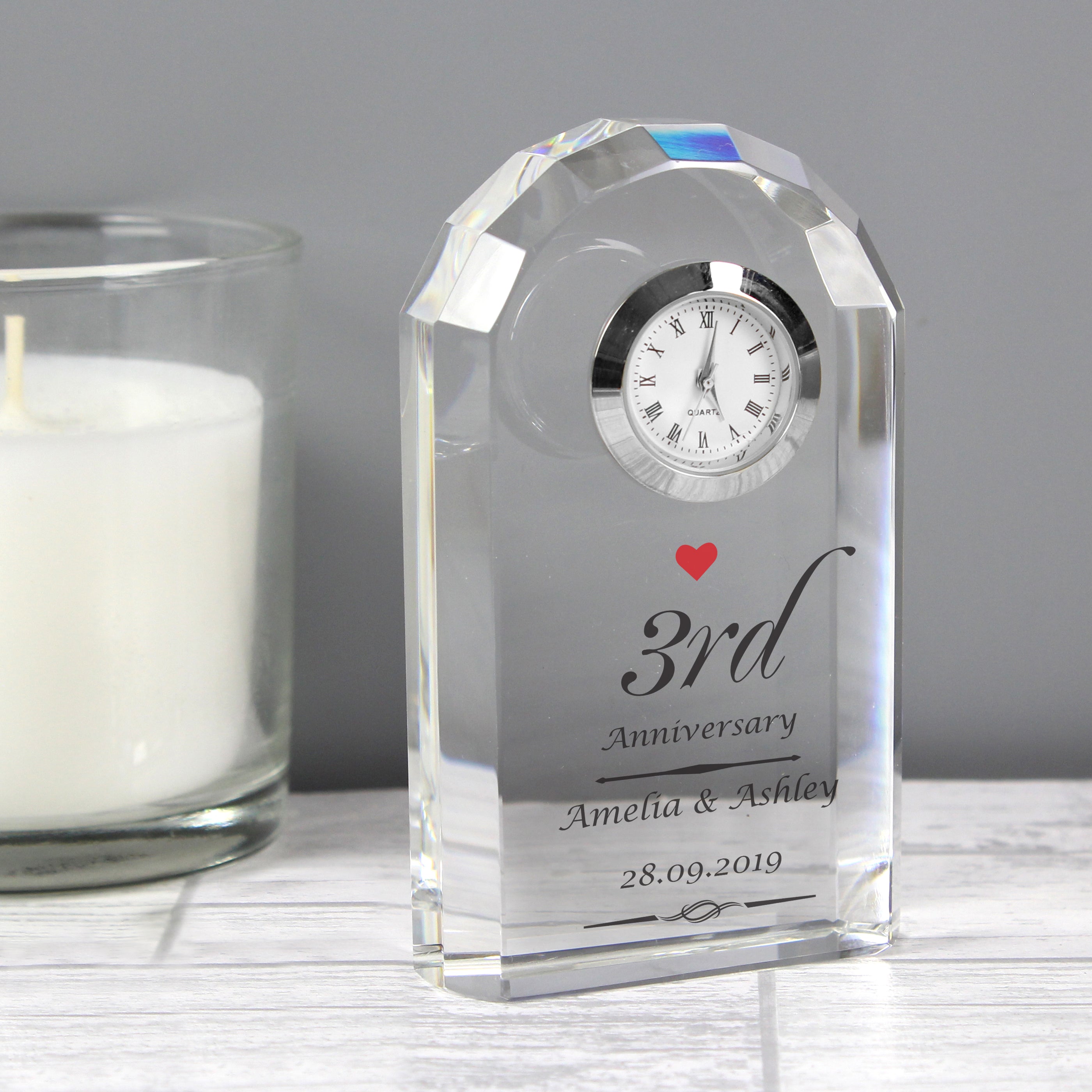 Personalised Heart Motif Crystal Clock