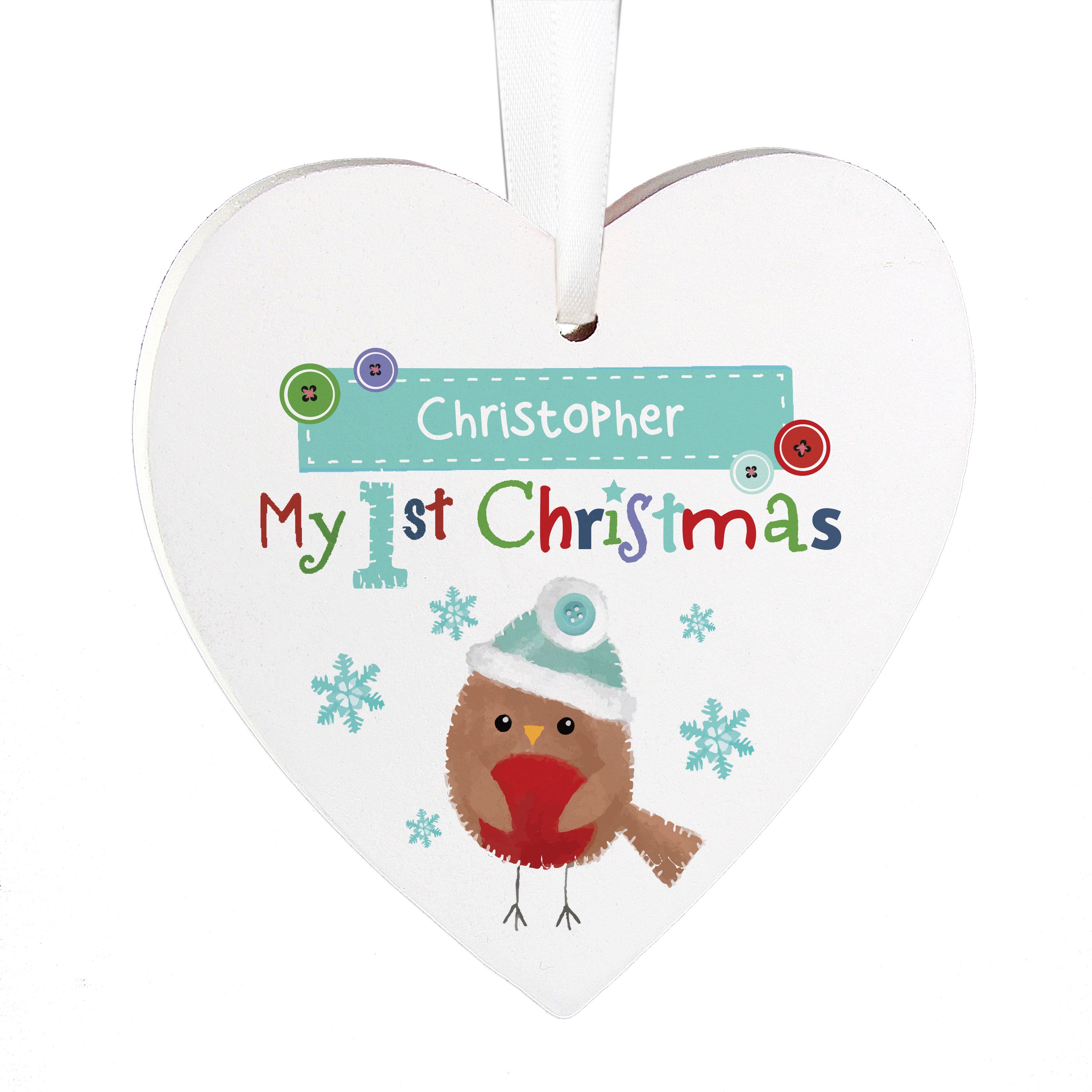 Personalised Felt Stitch Robin 'My 1st Christmas' Wooden Heart Decoration