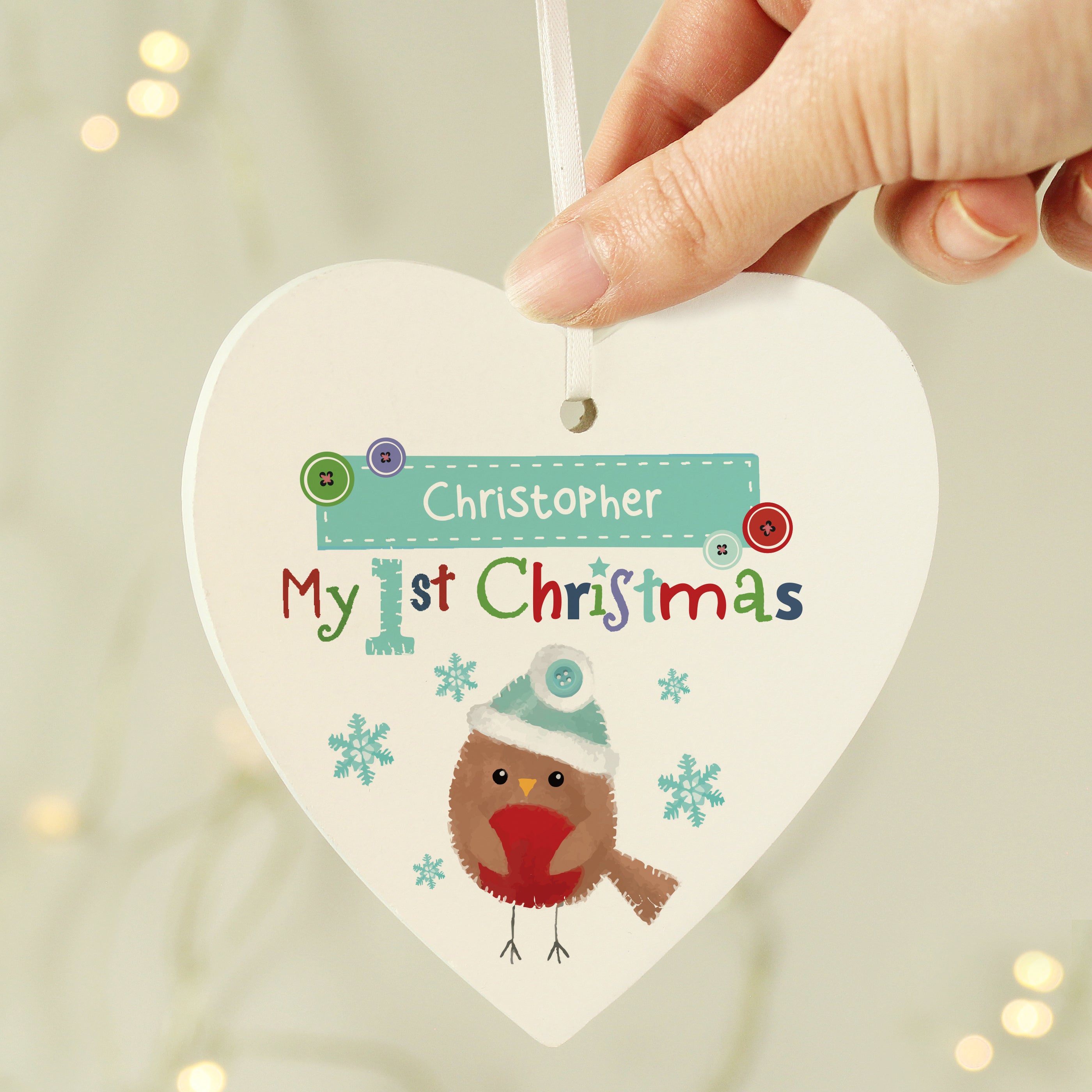 Personalised Felt Stitch Robin 'My 1st Christmas' Wooden Heart Decoration