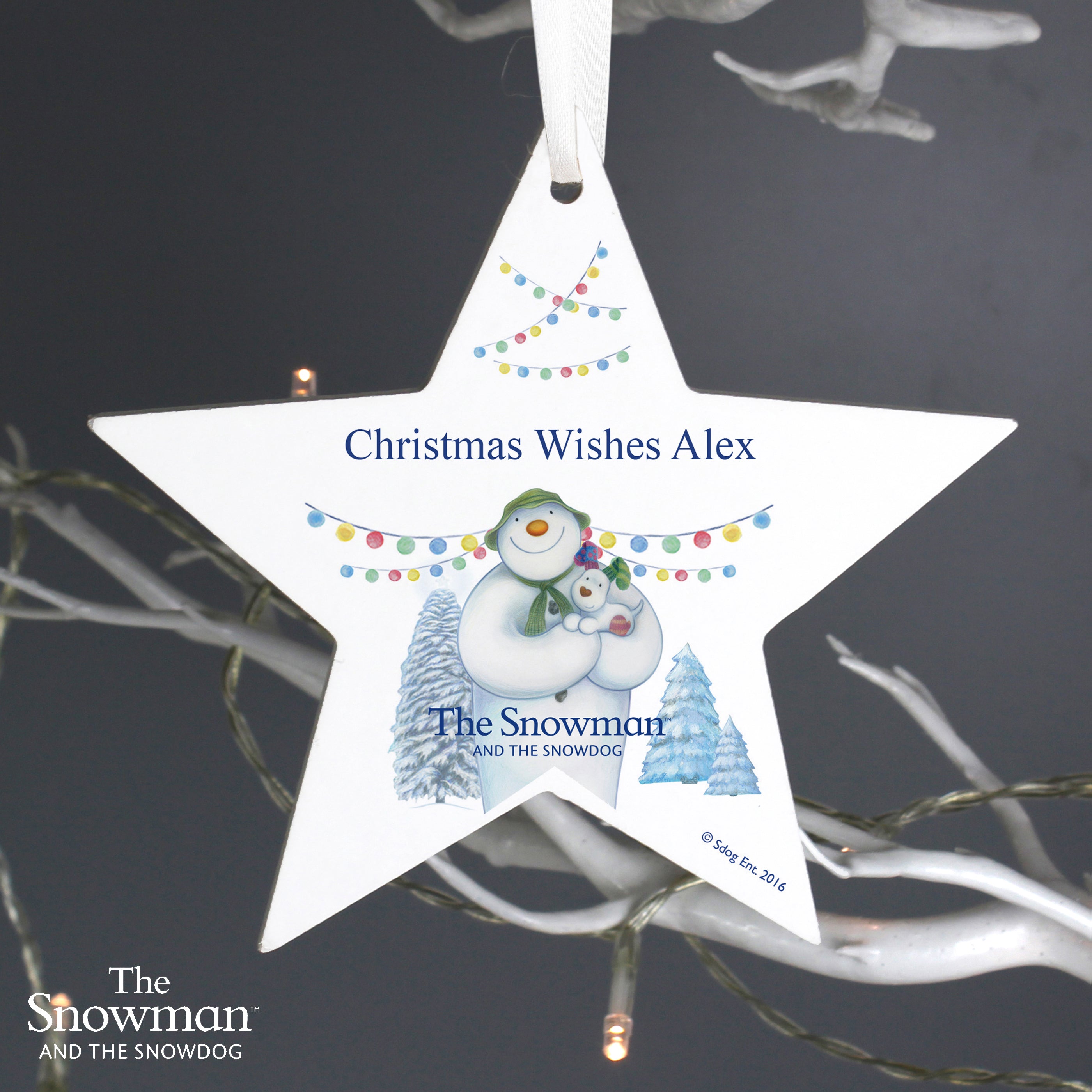 Personalised The Snowman and the Snowdog Wooden Star Decoration