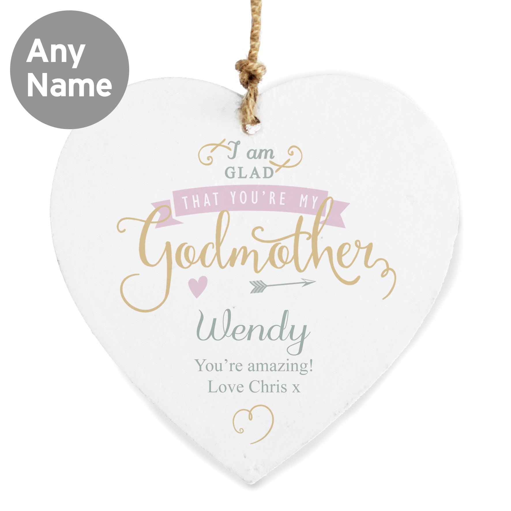 Personalised I Am Glad... Godmother Wooden Heart Decoration