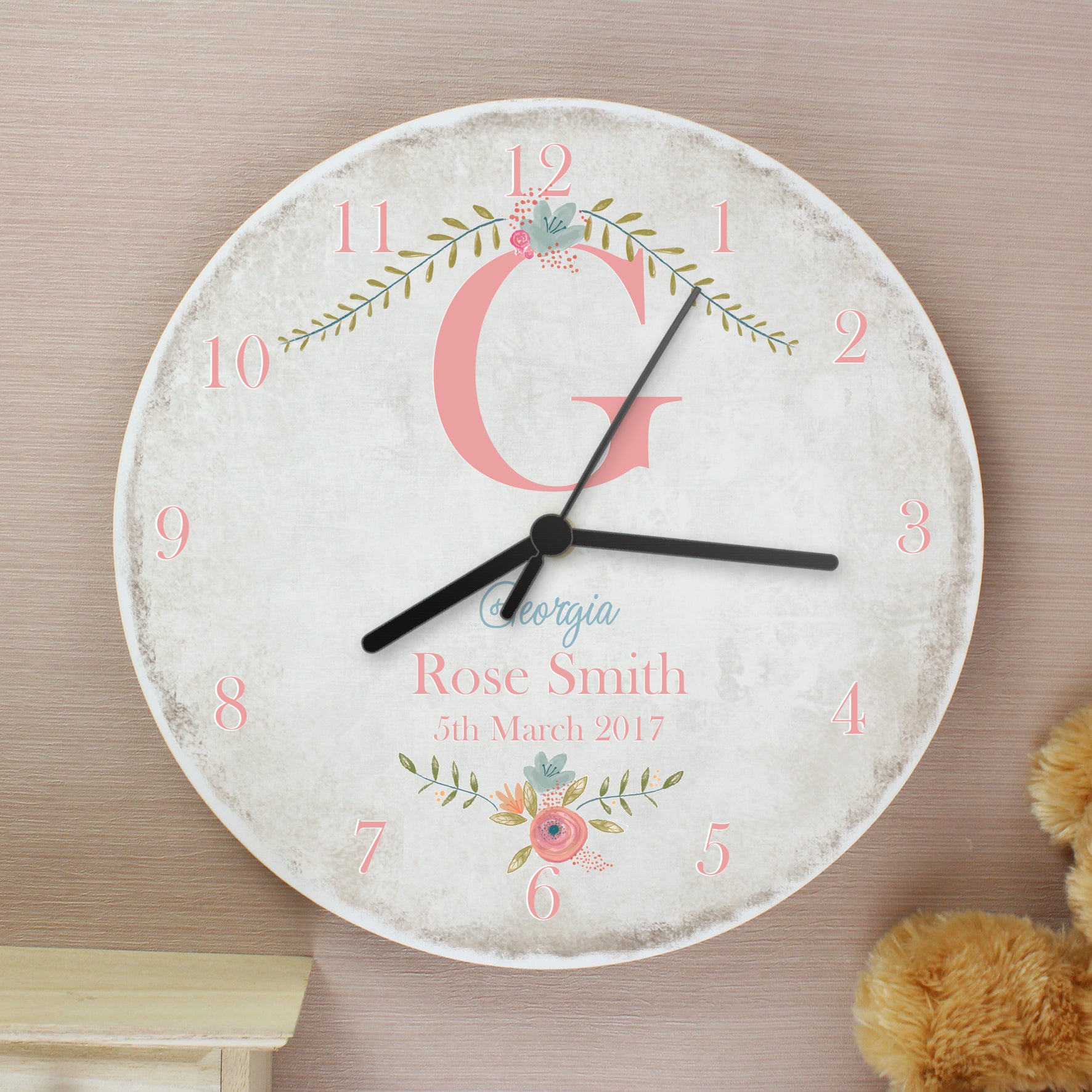 Personalised Floral Bouquet Shabby Chic Large Wooden Clock