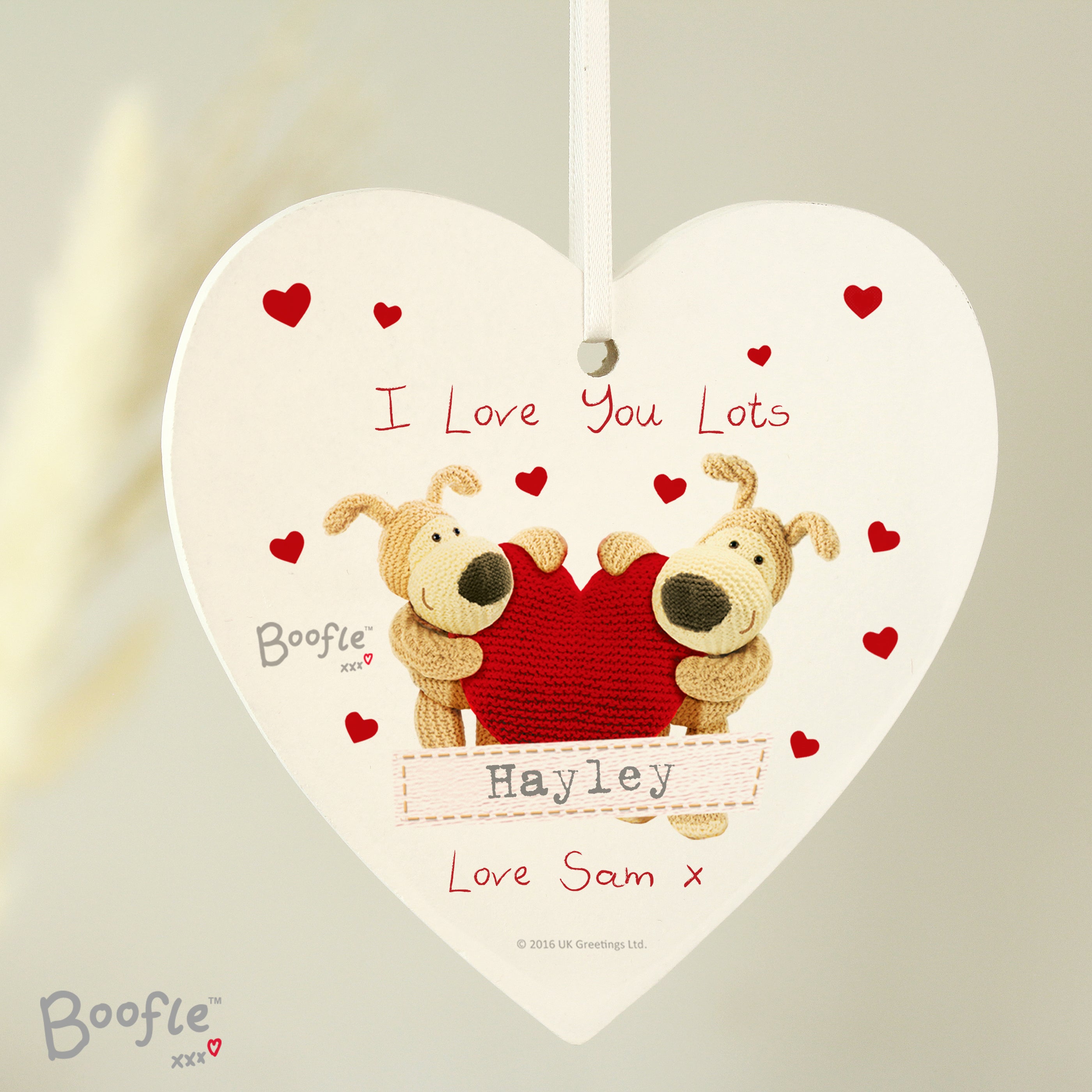 Personalised Boofle Shared Heart Wooden Heart Decoration