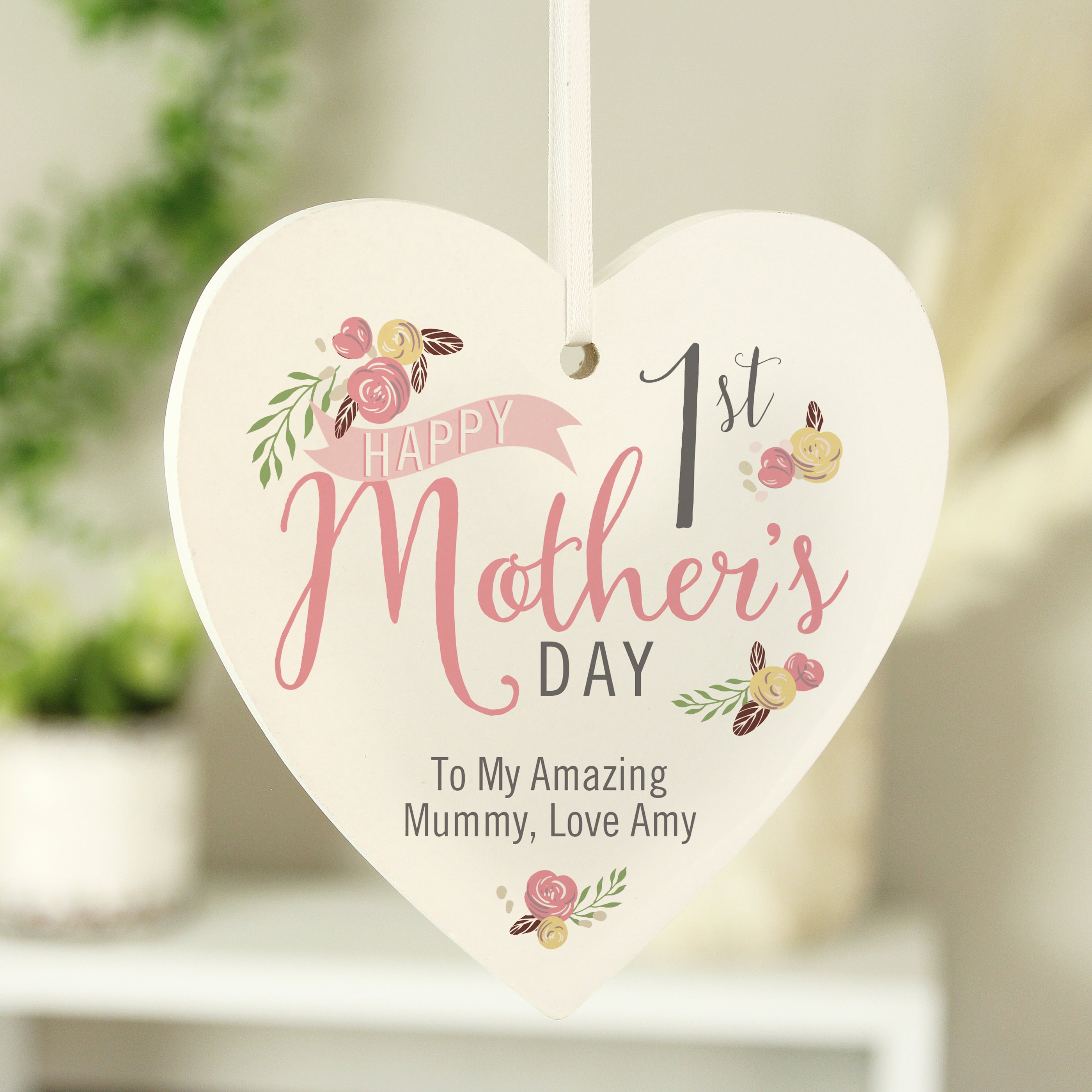 Personalised Floral Bouquet 1st Mothers Day Wooden Heart Decoration