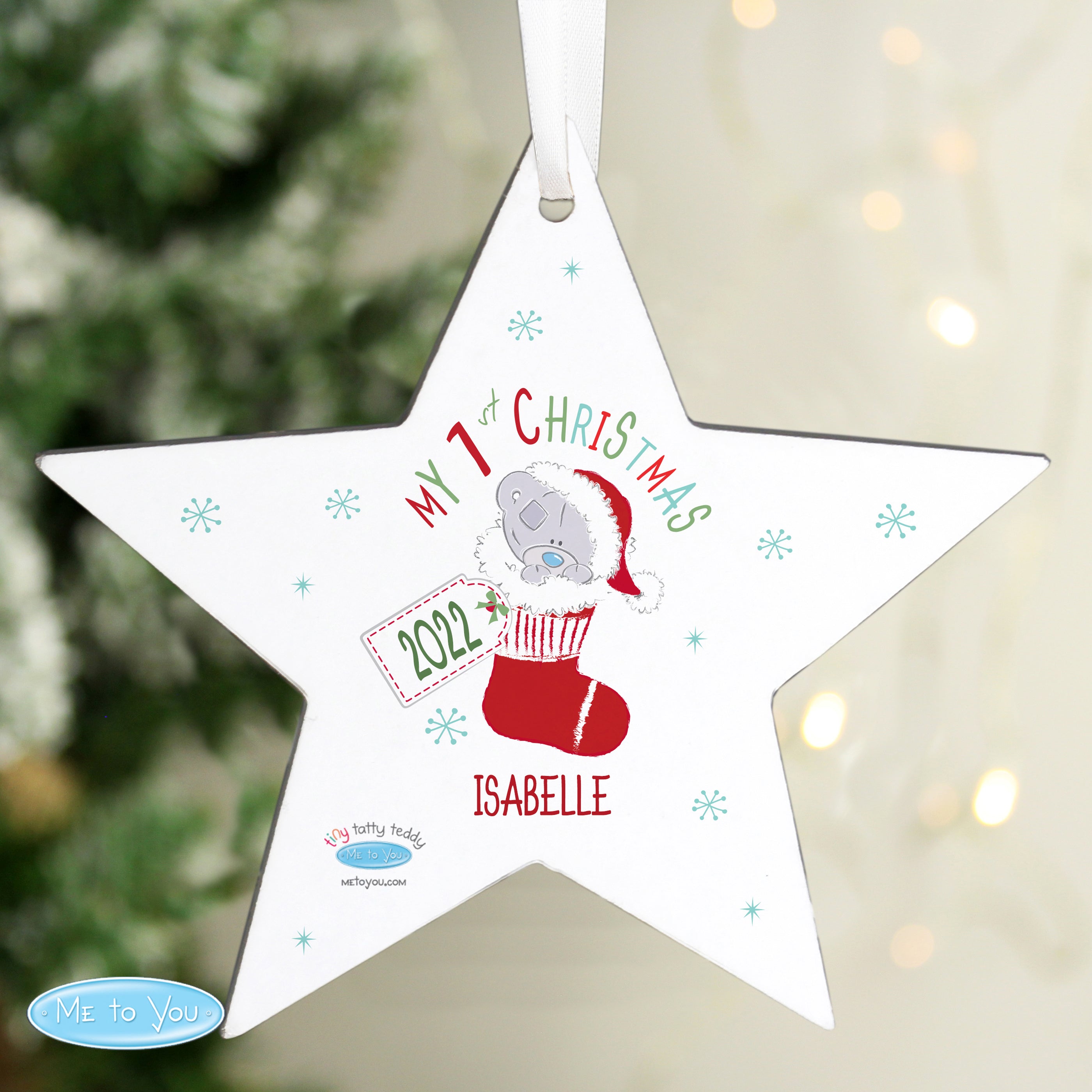 Personalised Tiny Tatty Teddy My 1st Christmas Stocking Wooden Star Decoration