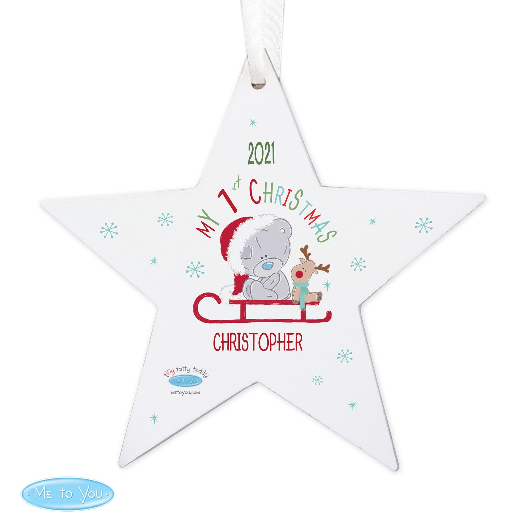 Personalised Tiny Tatty Teddy My 1st Christmas Sleigh Wooden Star Decoration