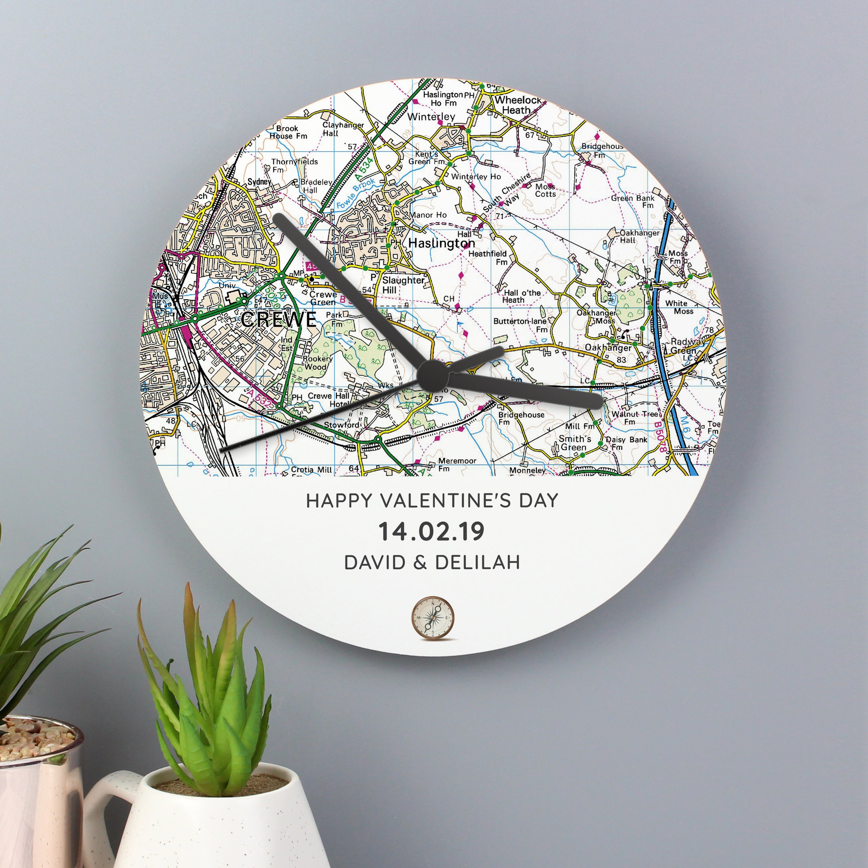 Personalised Present Day Map Compass Wooden Clock