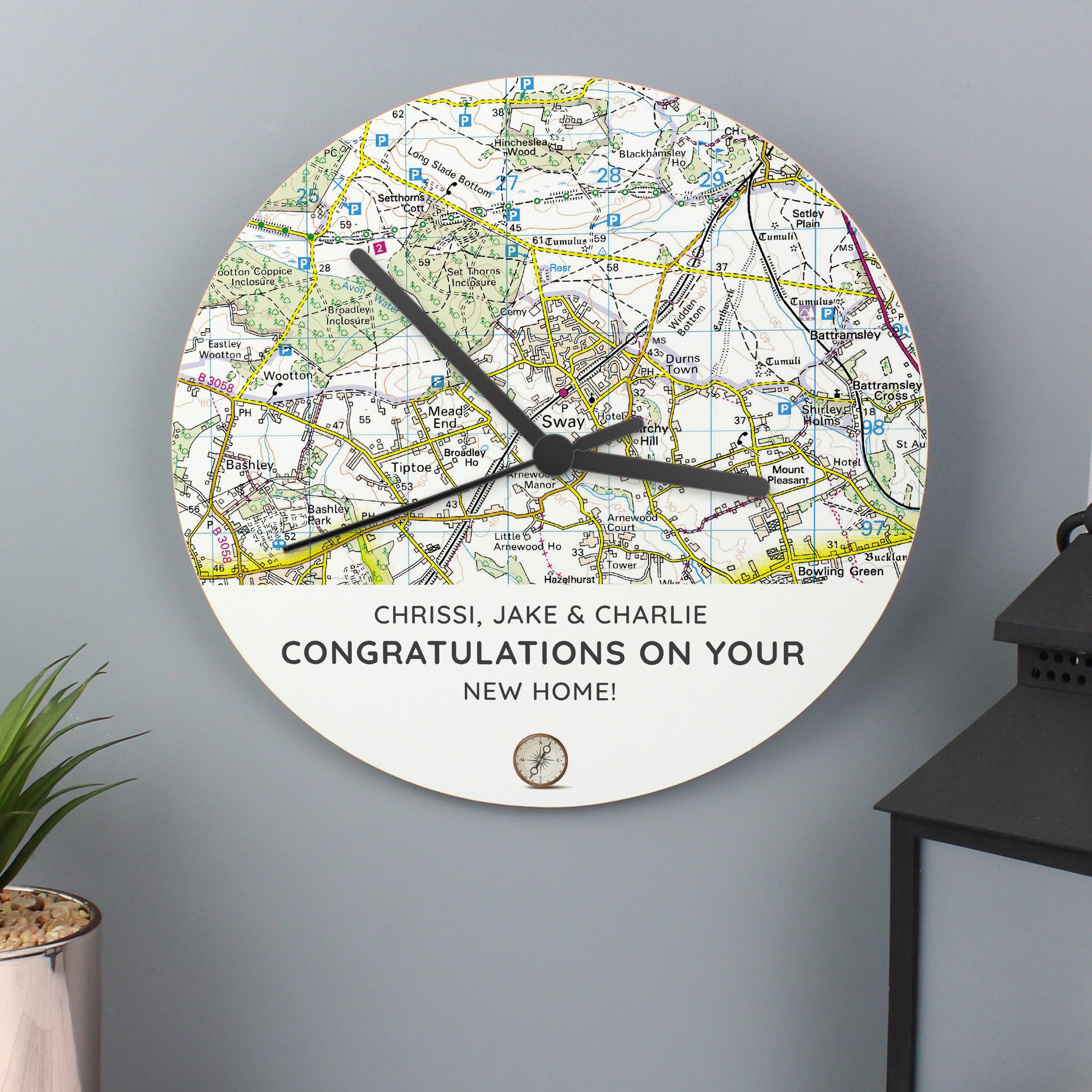 Personalised Present Day Map Compass Wooden Clock