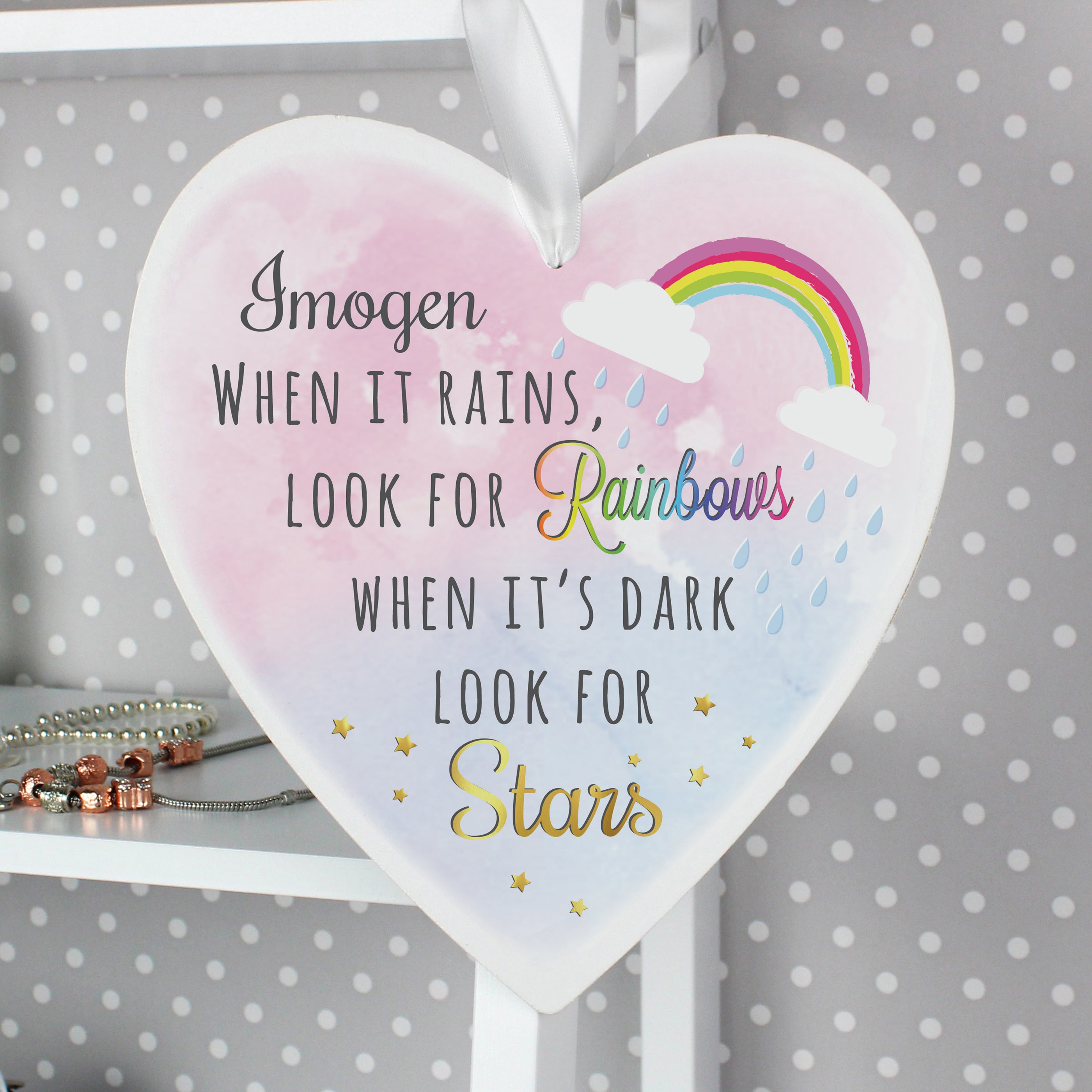 Personalised Rainbows and Stars Large Wooden Heart Decoration