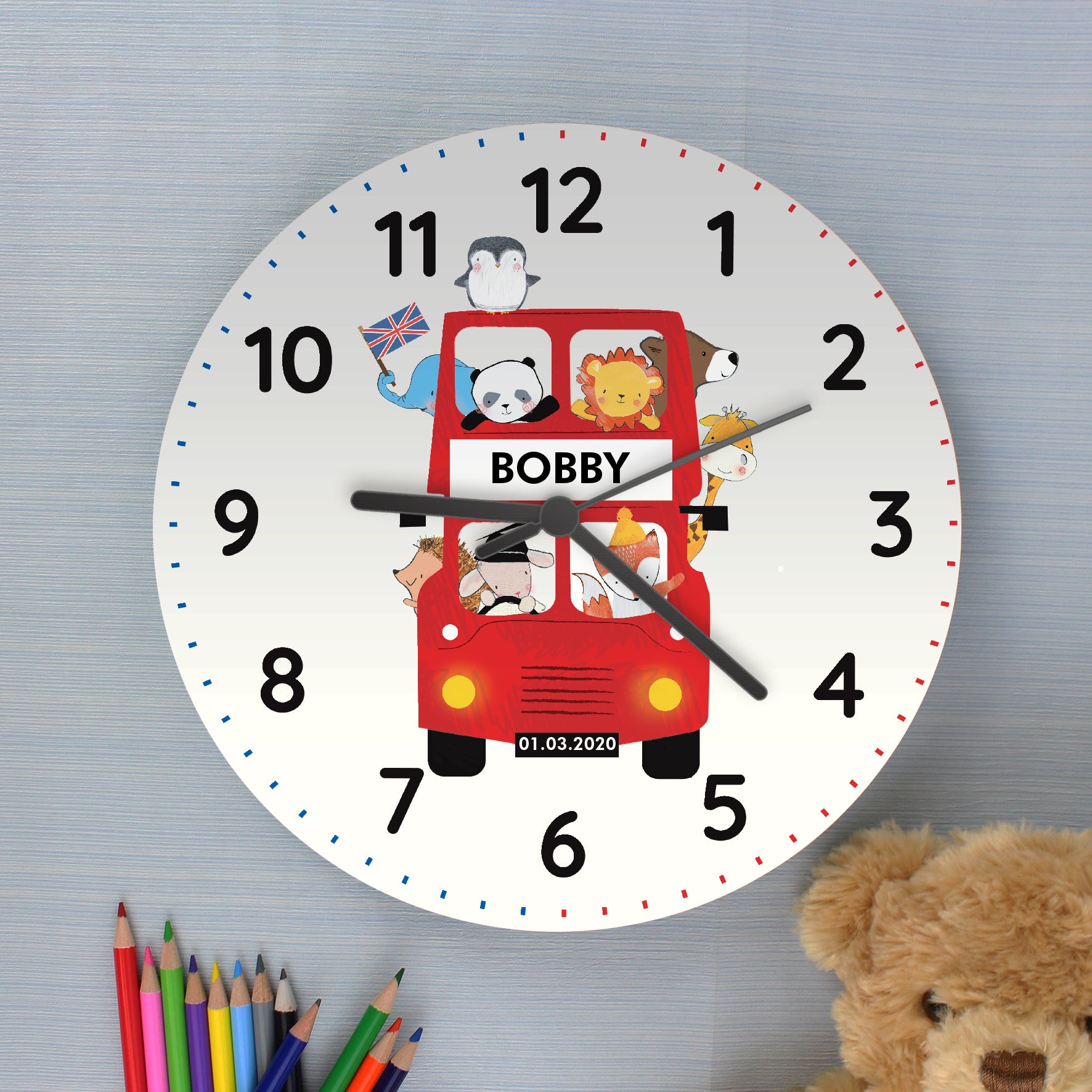 Personalised London Animal Bus Wooden Clock