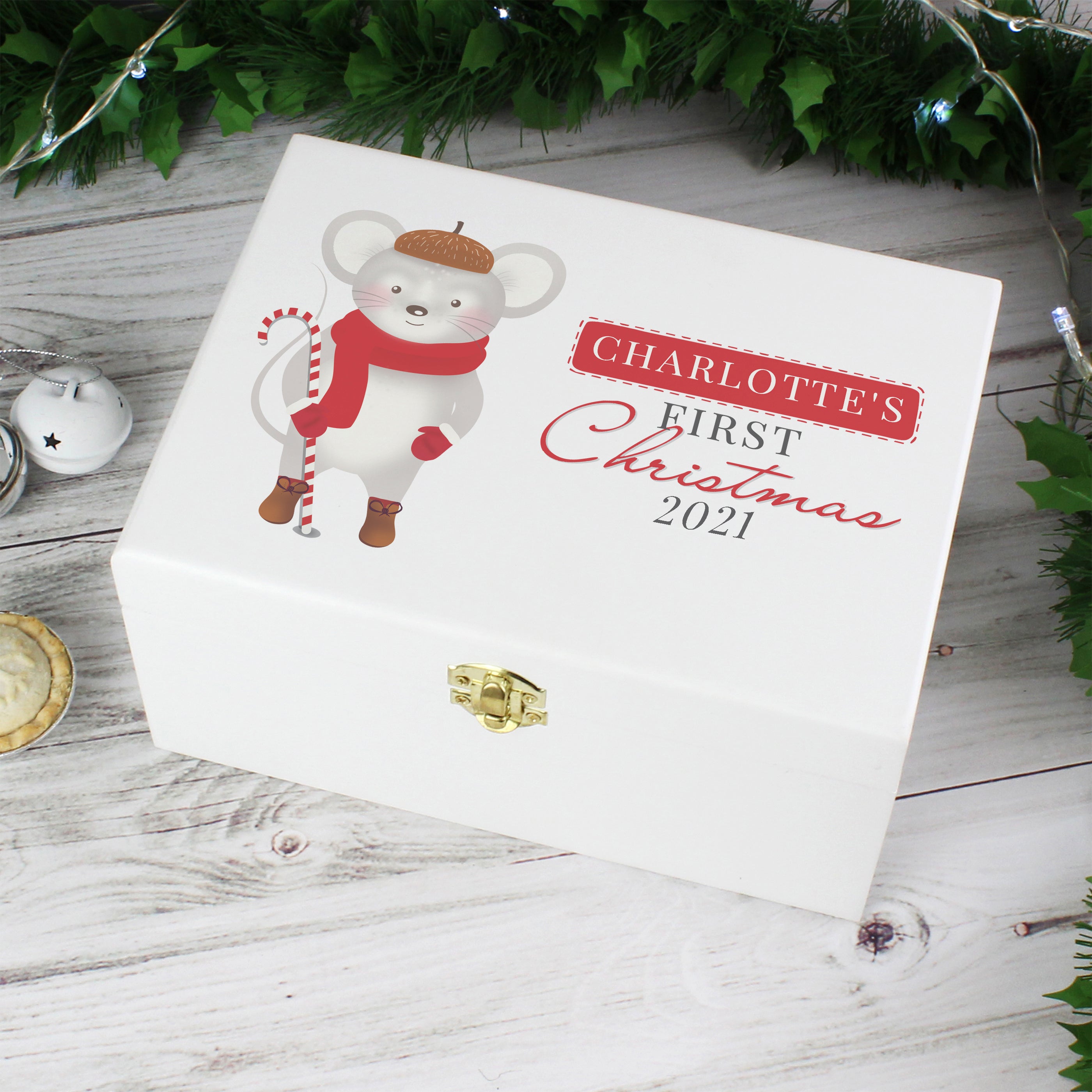 Personalised '1st Christmas' Mouse White Wooden Keepsake Box