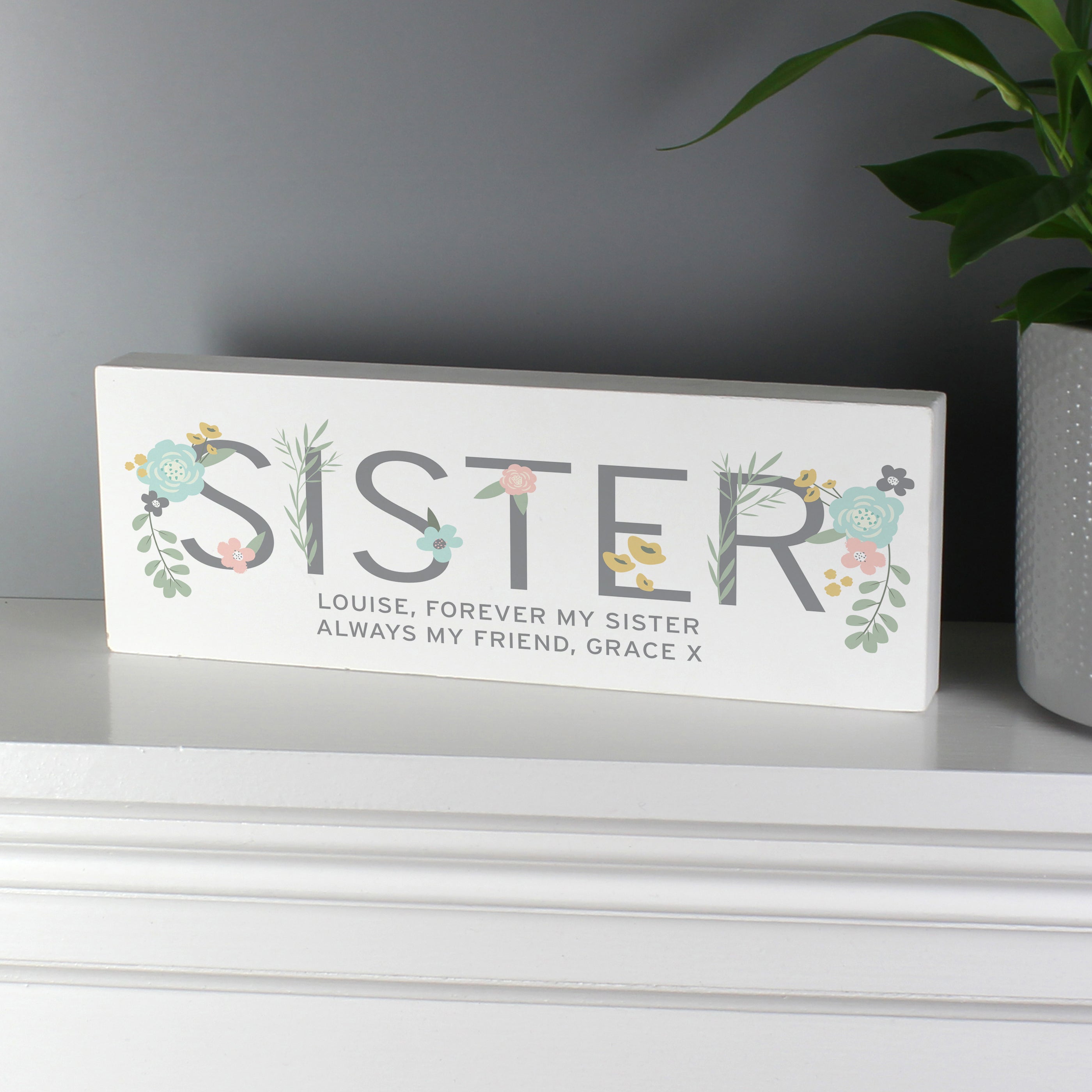 Personalised Floral Sister Wooden Block Sign