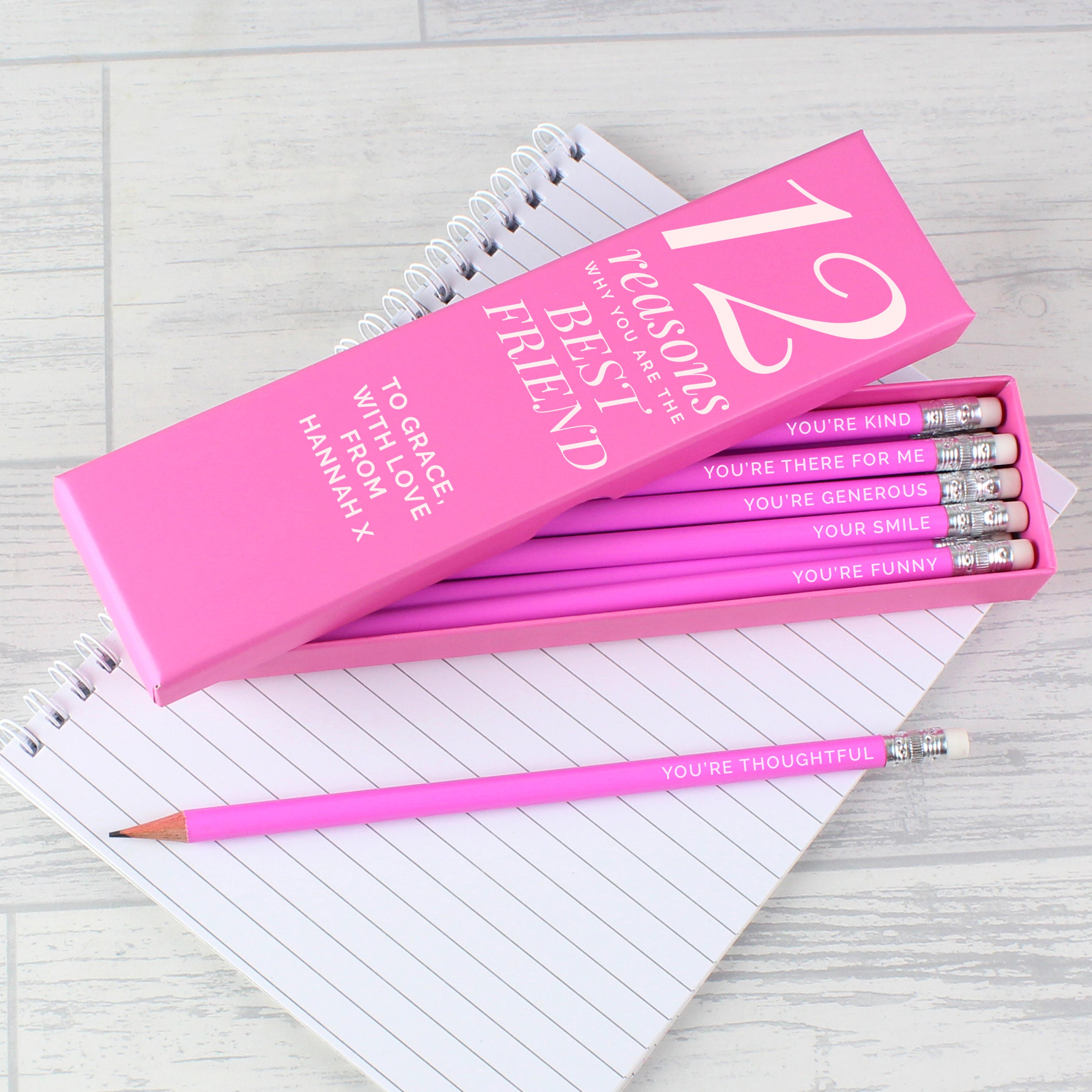 Personalised 12 Reasons Box and 12 Pink HB Pencils