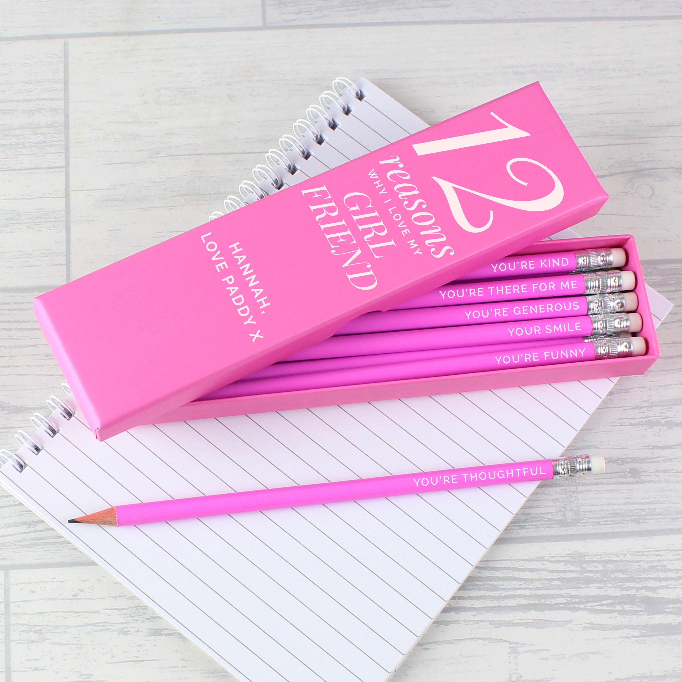 Personalised 12 Reasons Box and 12 Pink HB Pencils