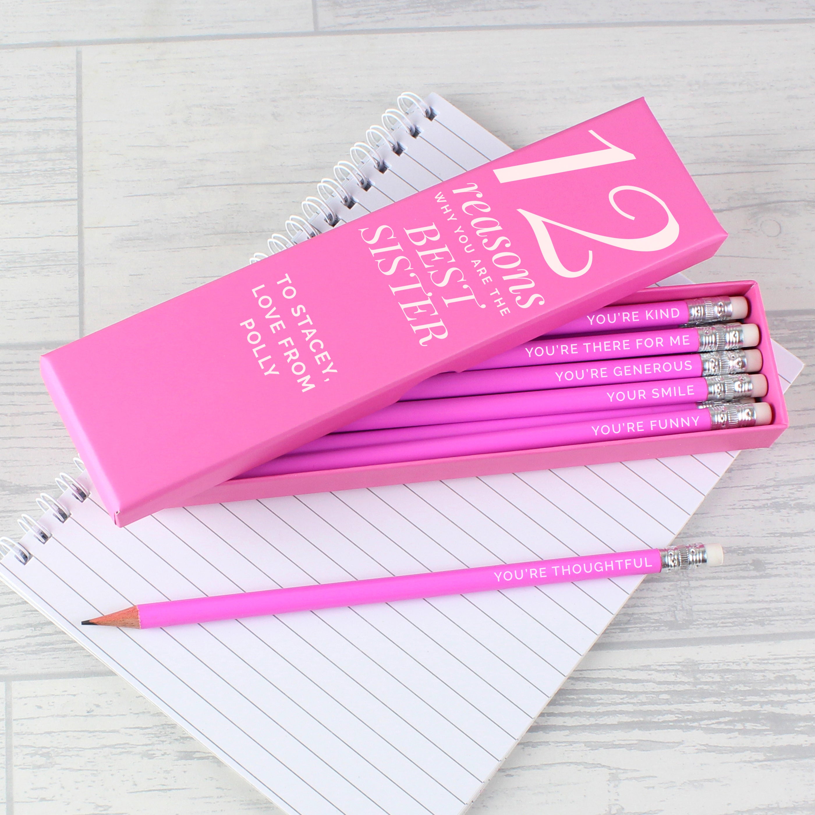 Personalised 12 Reasons Box and 12 Pink HB Pencils