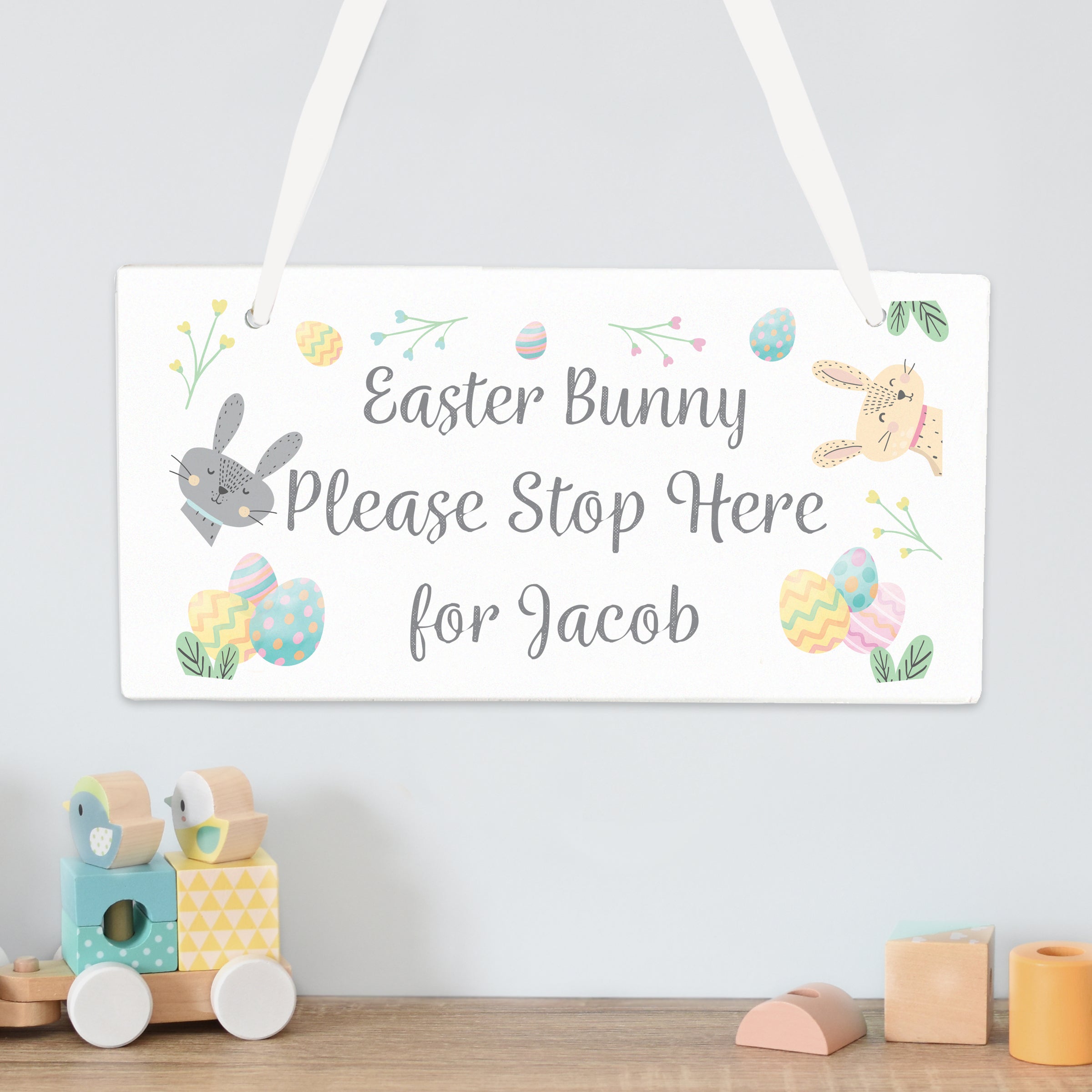 Personalised Easter Bunny Stop Here Wooden Sign