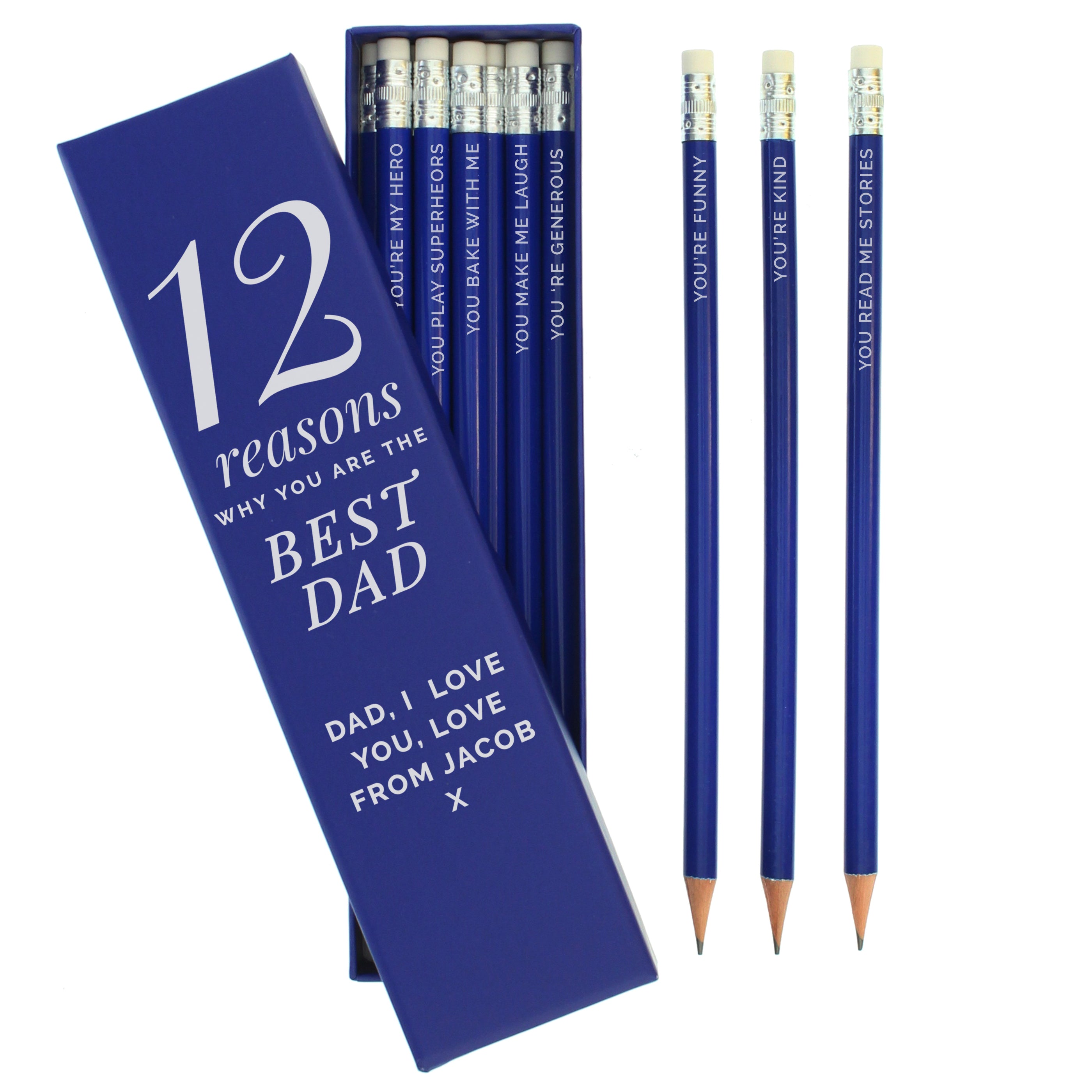 Personalised 12 Reasons Box and 12 Blue HB Pencils