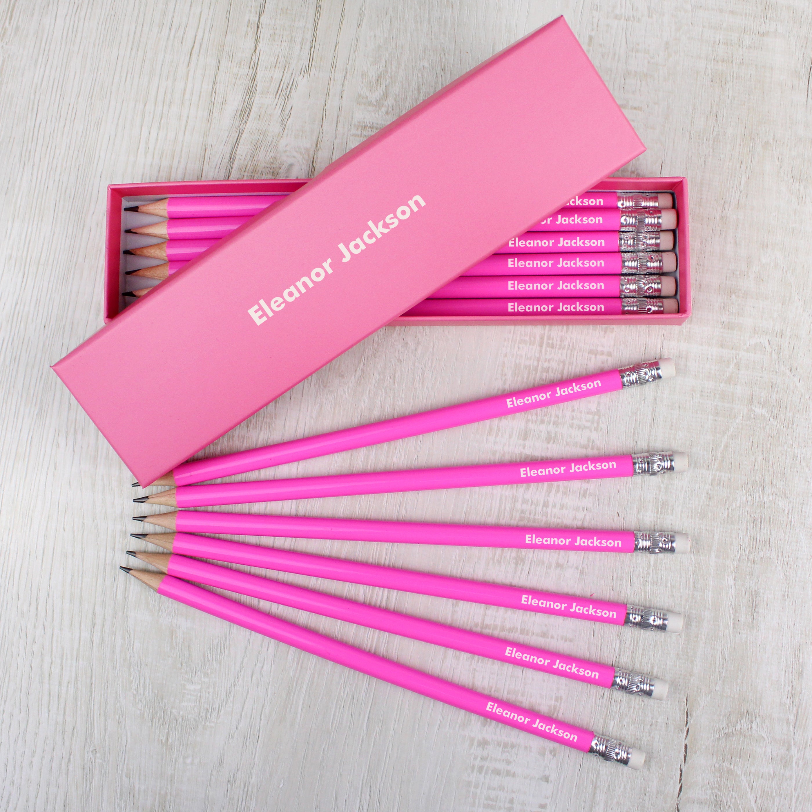 Personalised Name Only Box and 12 Pink HB Pencils