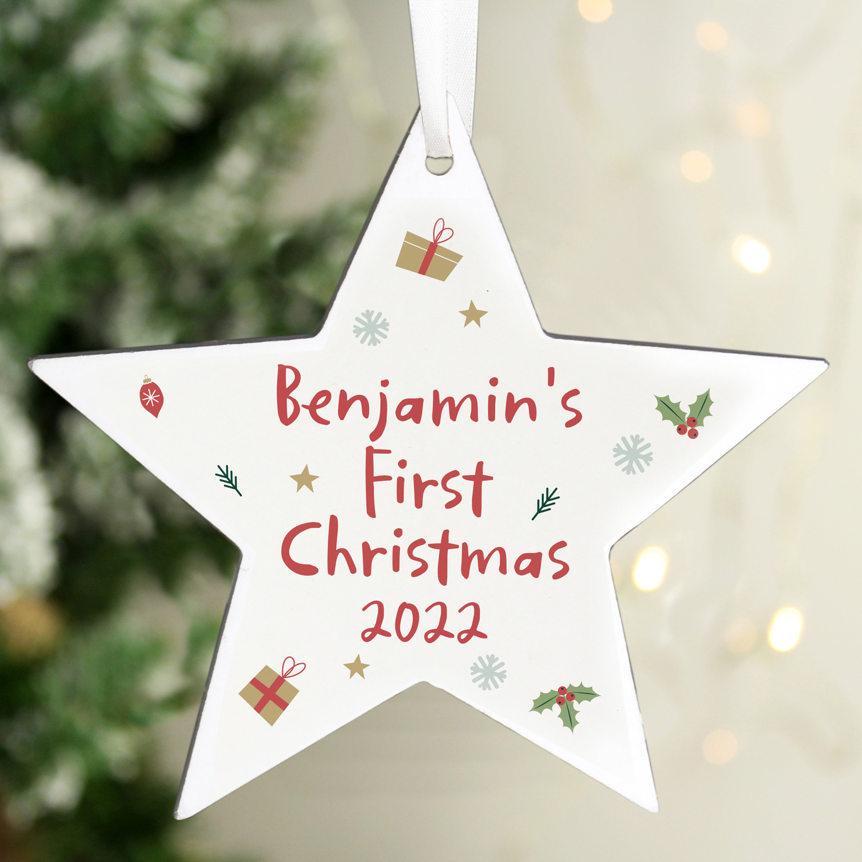 Personalised First Christmas Wooden Star Decoration