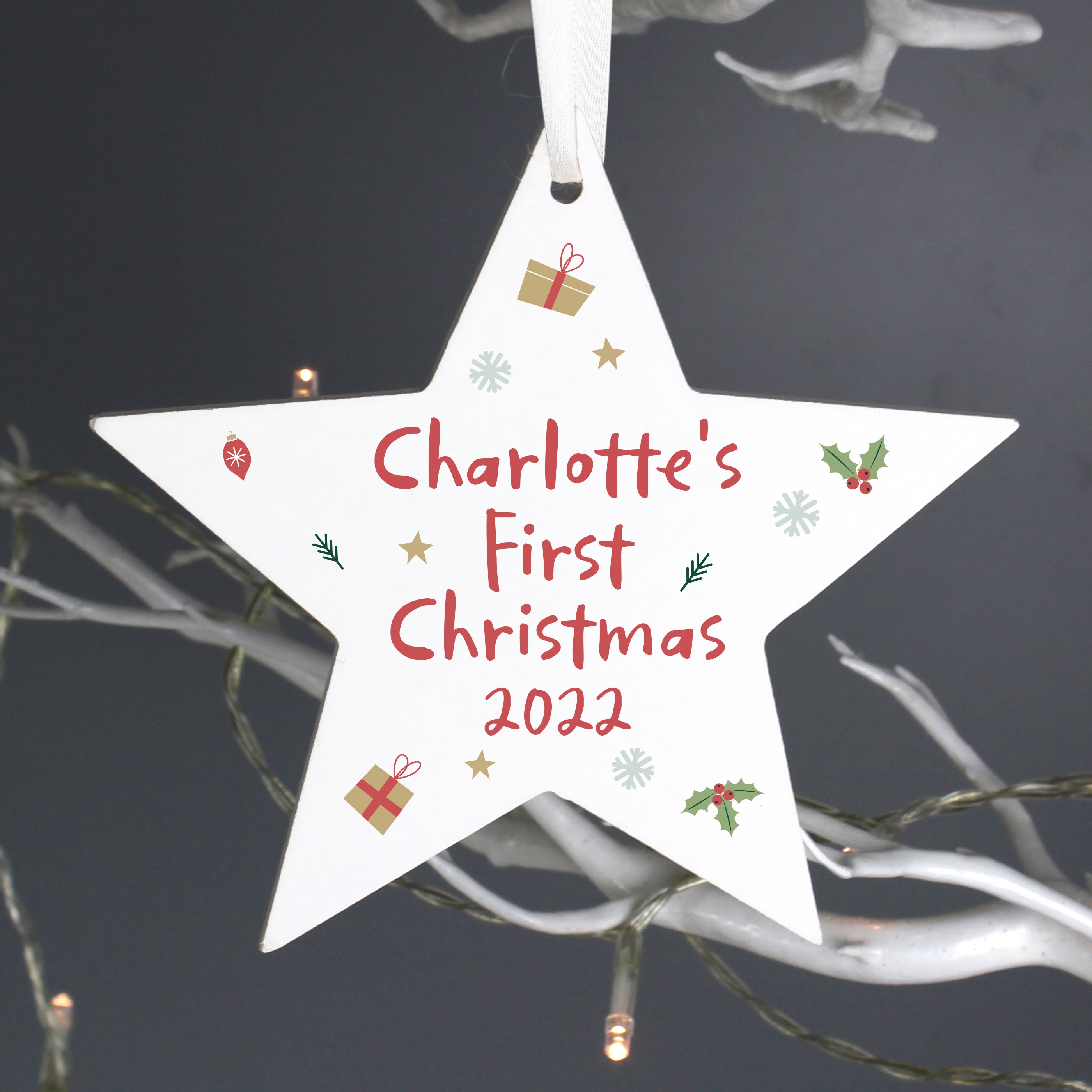 Personalised First Christmas Wooden Star Decoration