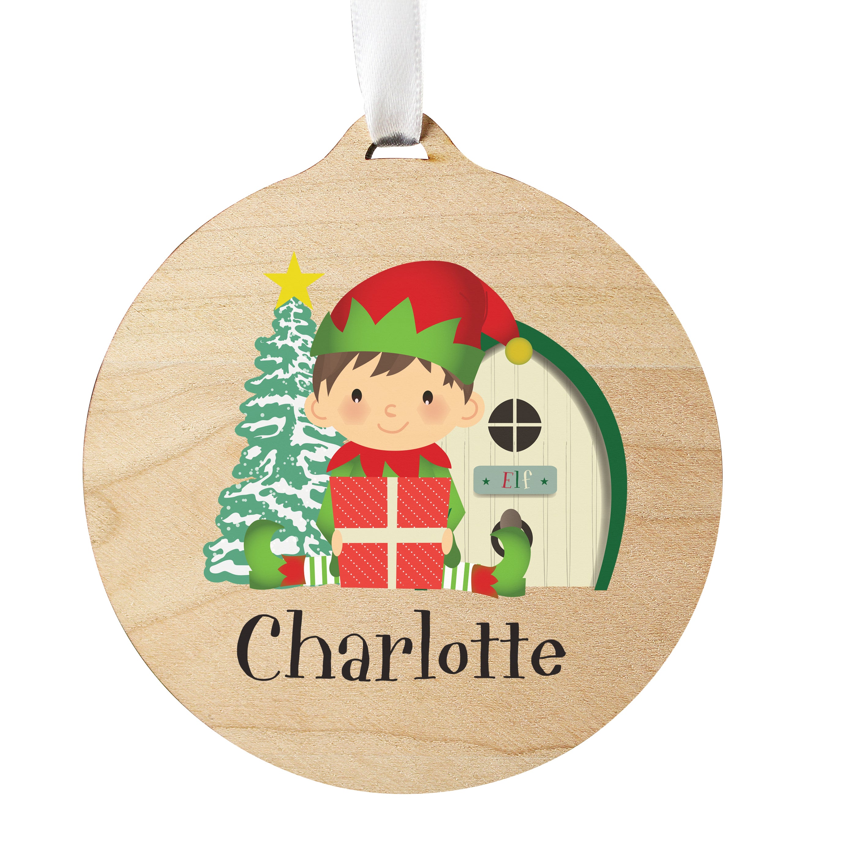 Personalised Elf Round Wooden Decoration