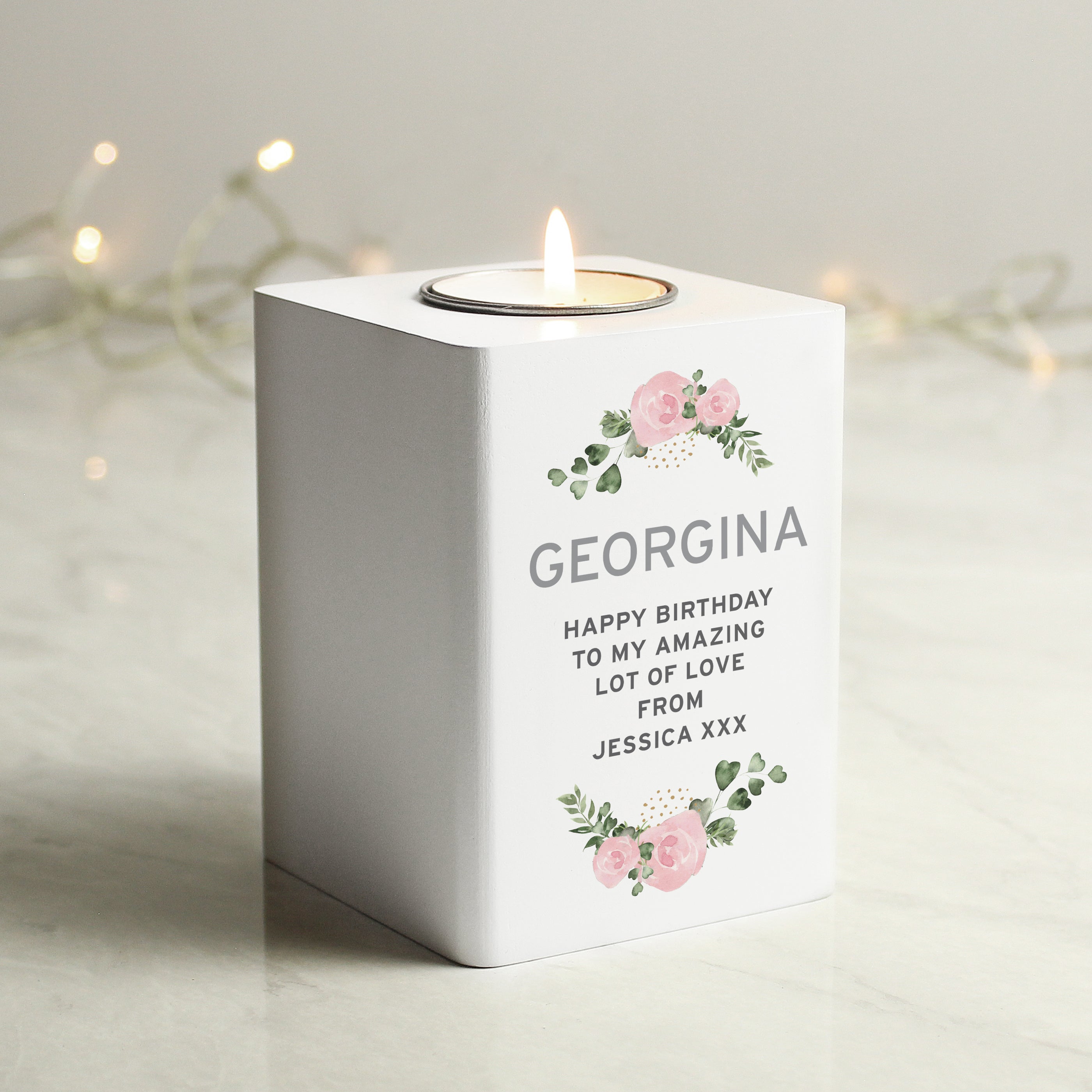 Personalised Abstract Rose White Wooden Tea light Holder