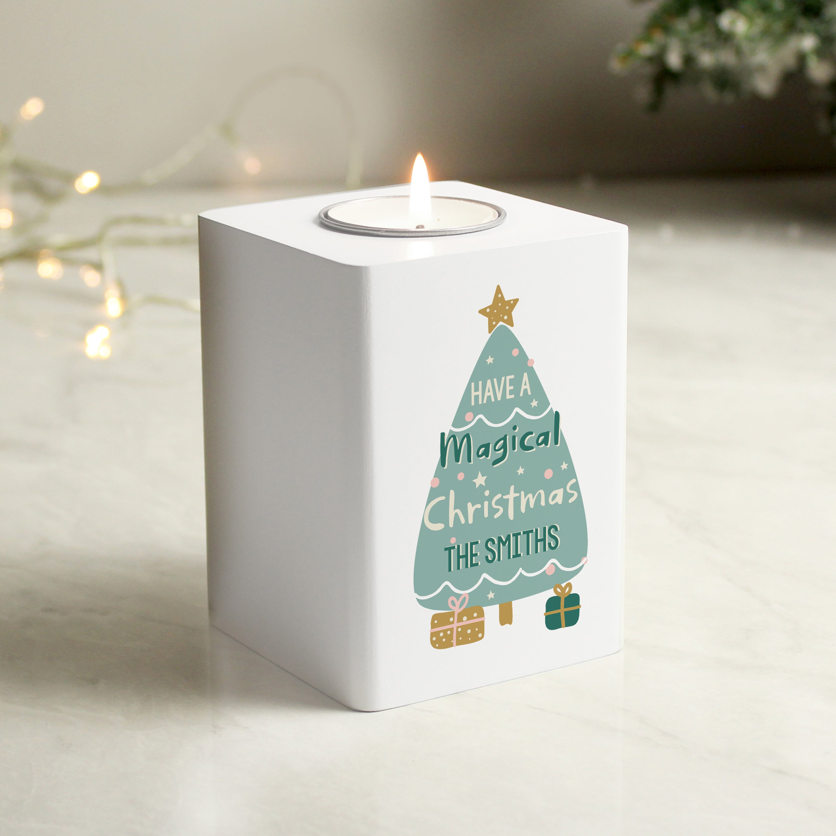 Personalised Christmas Tree White Wooden Tea Light Holder