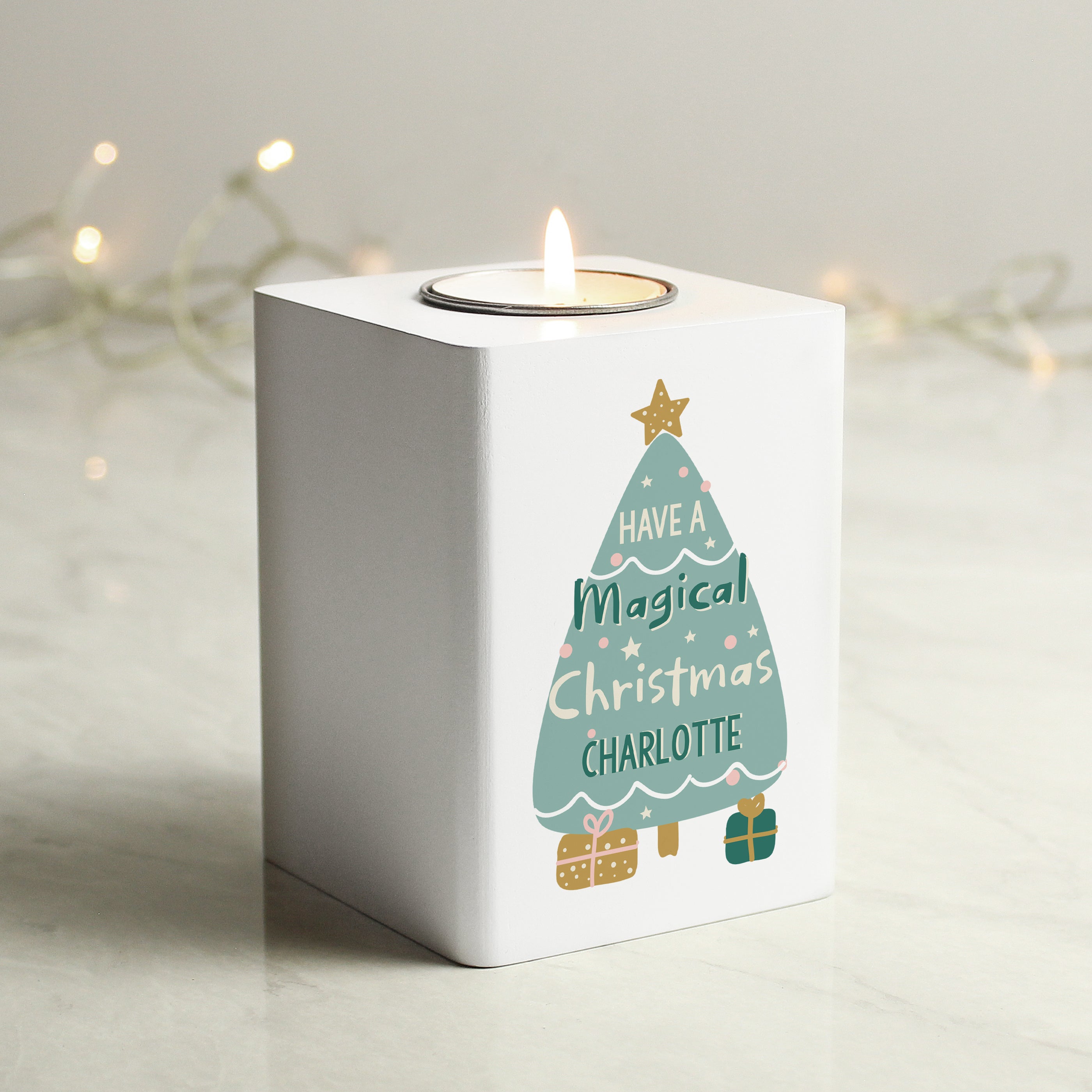 Personalised Christmas Tree White Wooden Tea Light Holder