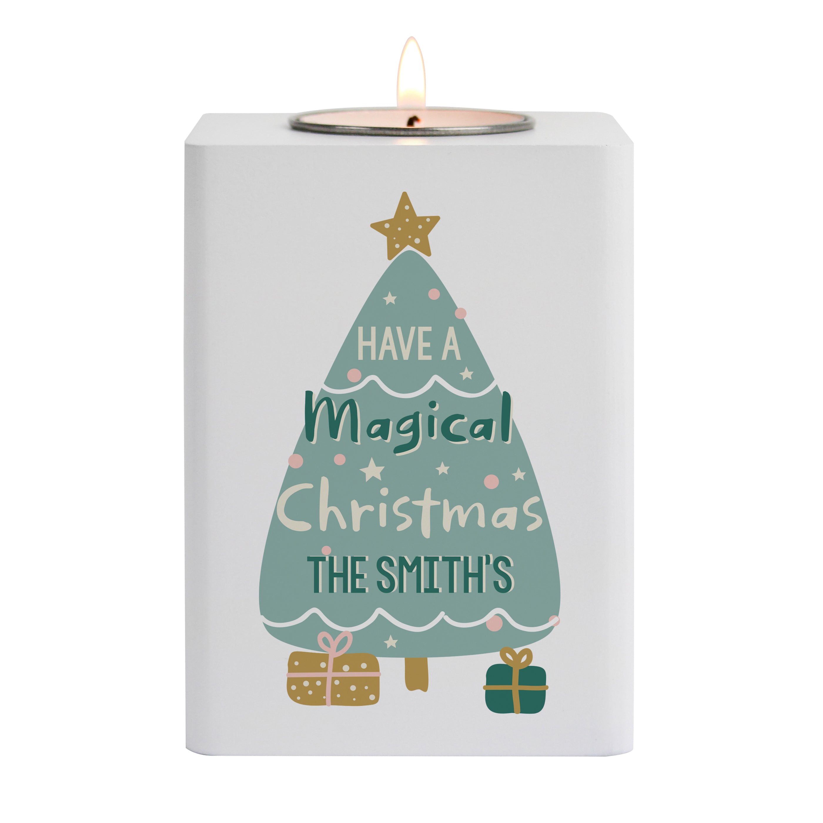 Personalised Christmas Tree White Wooden Tea Light Holder