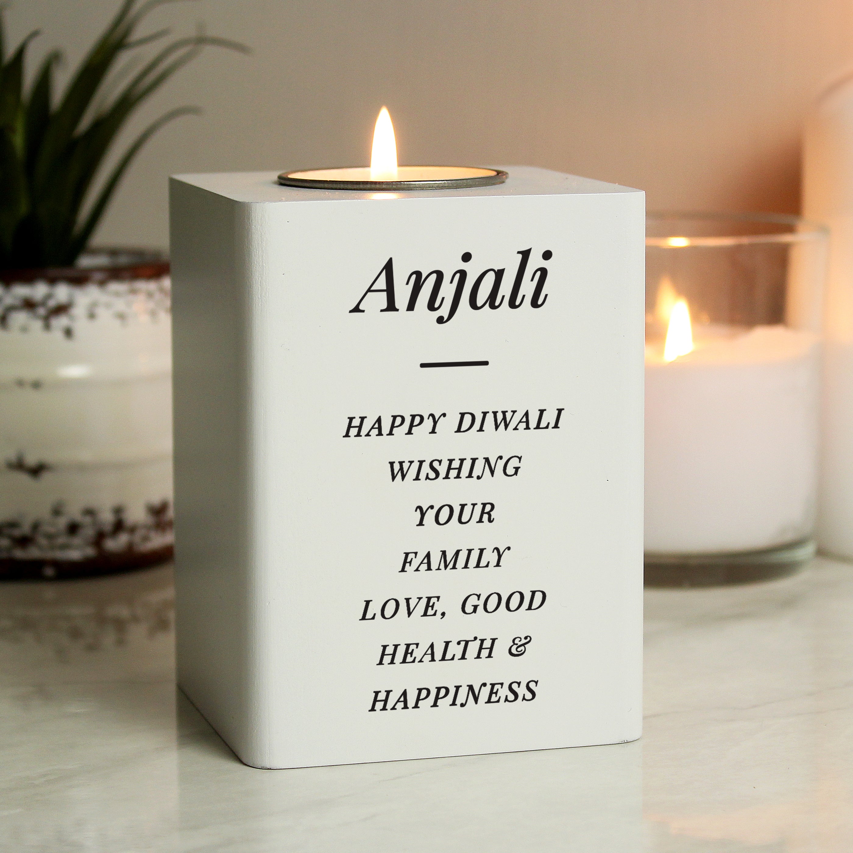 Personalised Free Text White Wooden Tea Light Holder