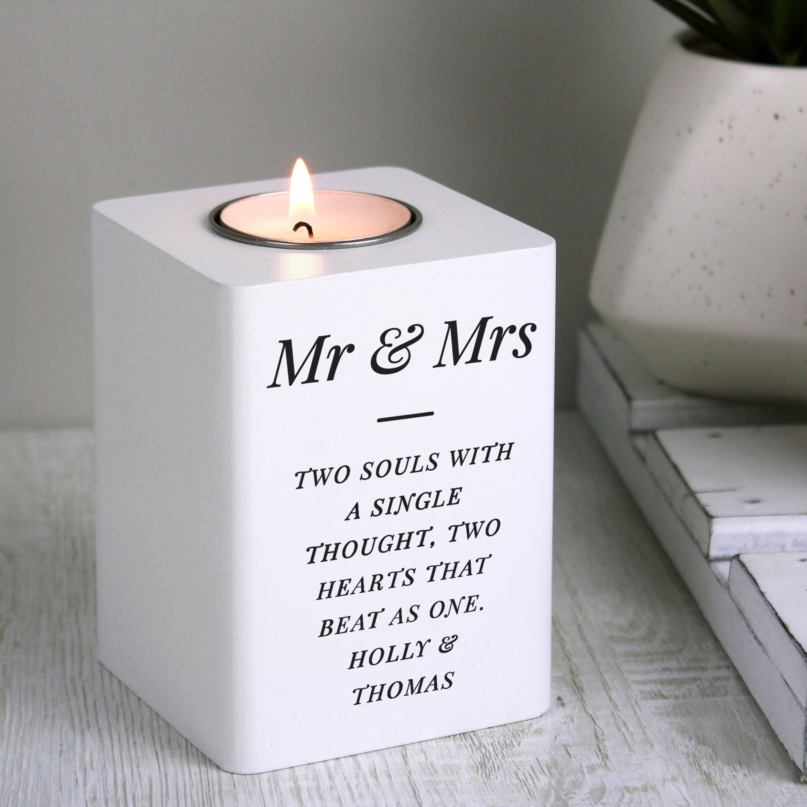 Personalised Free Text White Wooden Tea Light Holder