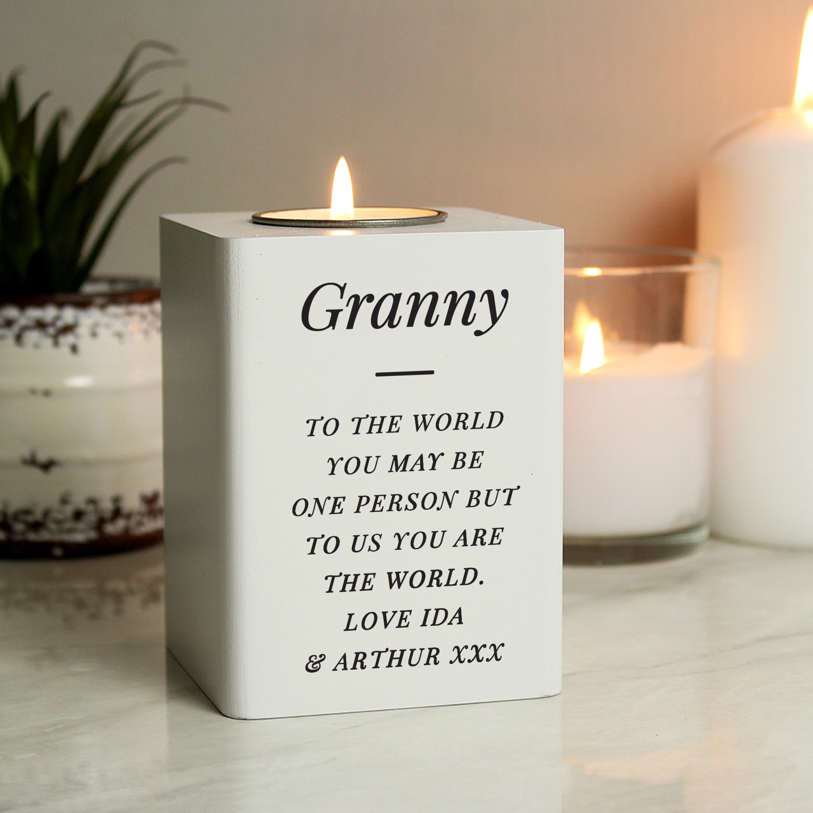 Personalised Free Text White Wooden Tea Light Holder