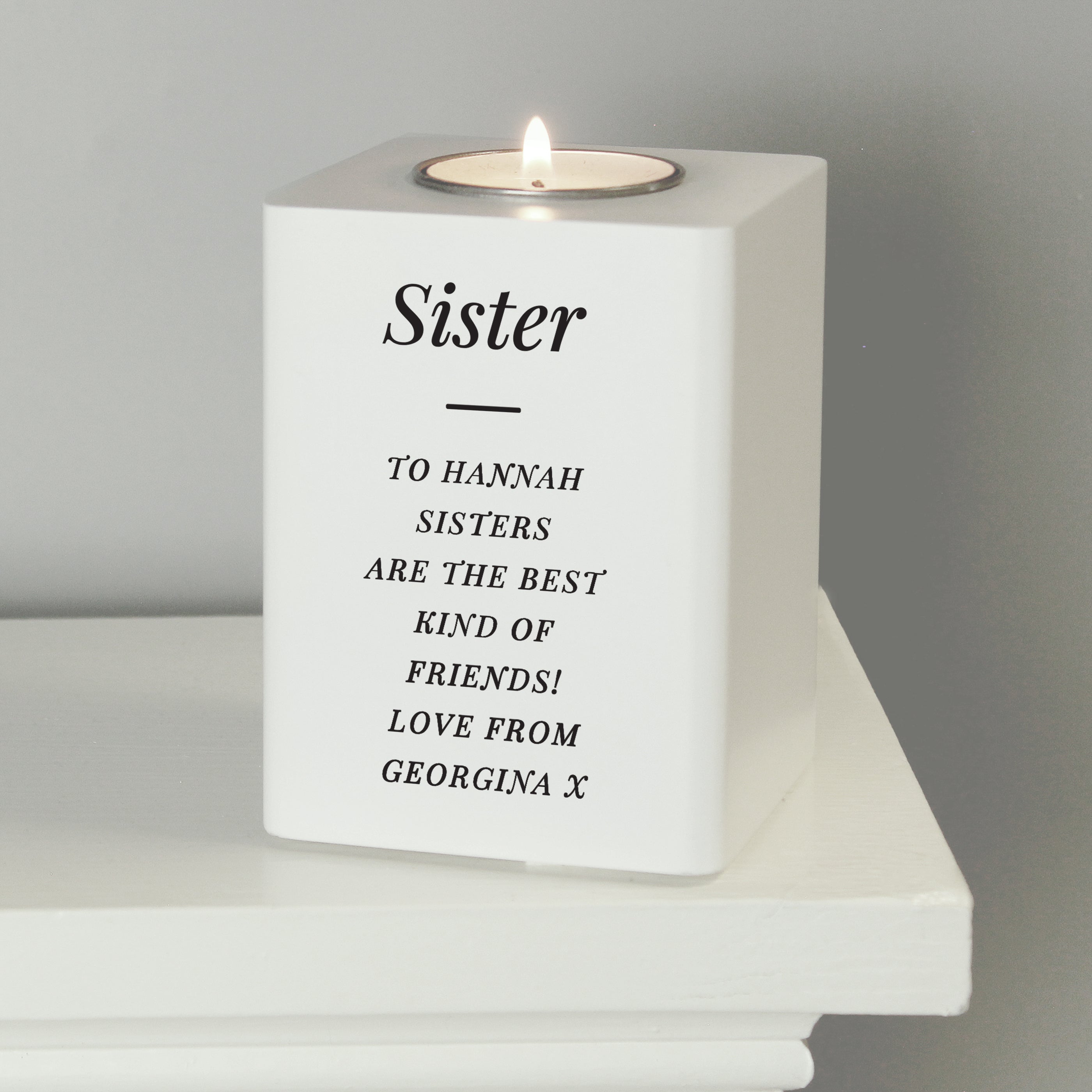 Personalised Free Text White Wooden Tea Light Holder