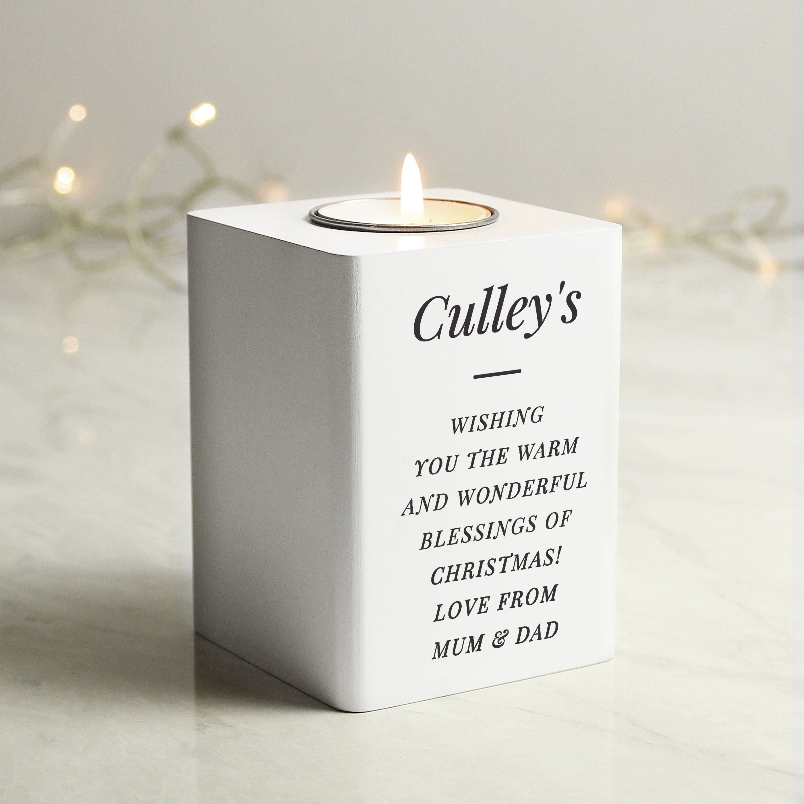 Personalised Free Text White Wooden Tea Light Holder