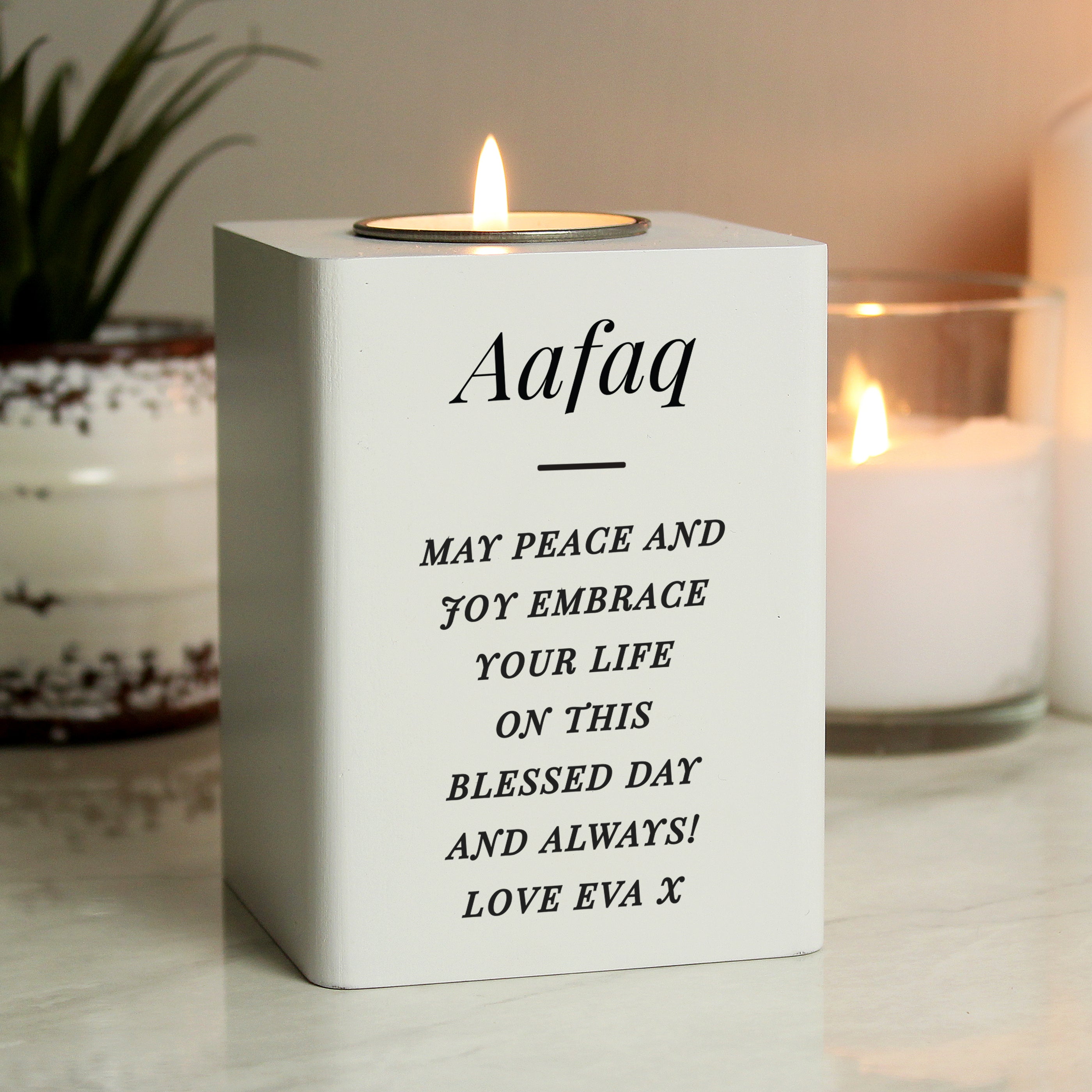 Personalised Free Text White Wooden Tea Light Holder