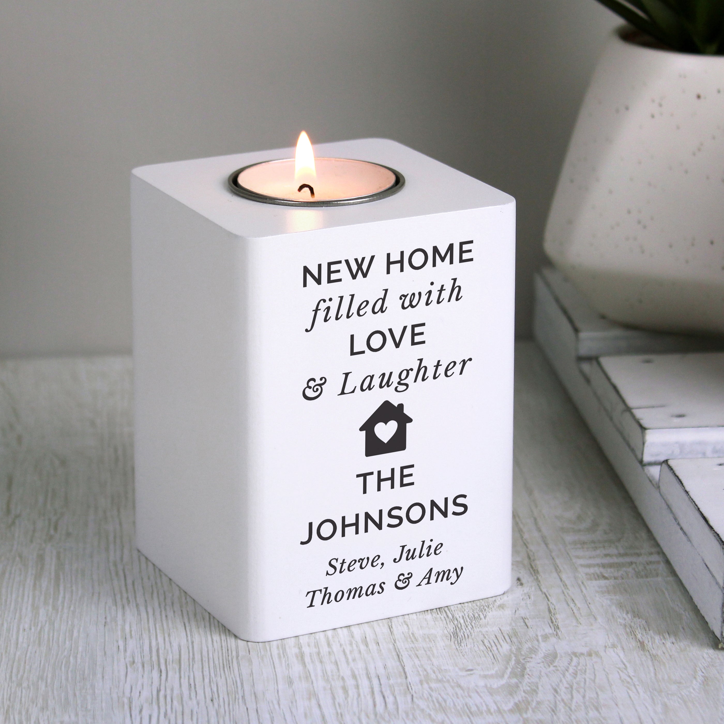 Personalised Home White Wooden Tea Light Holder