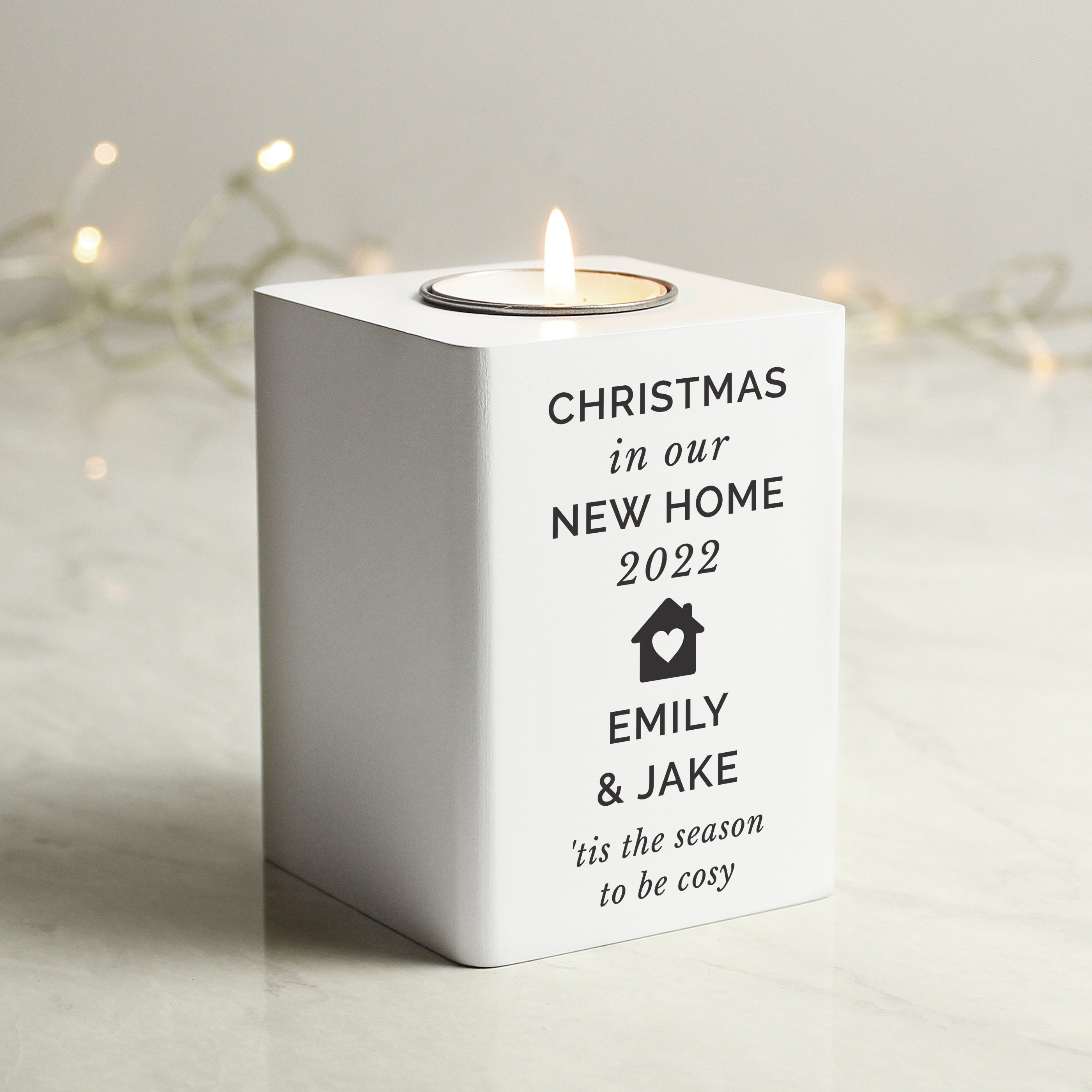 Personalised Home White Wooden Tea Light Holder