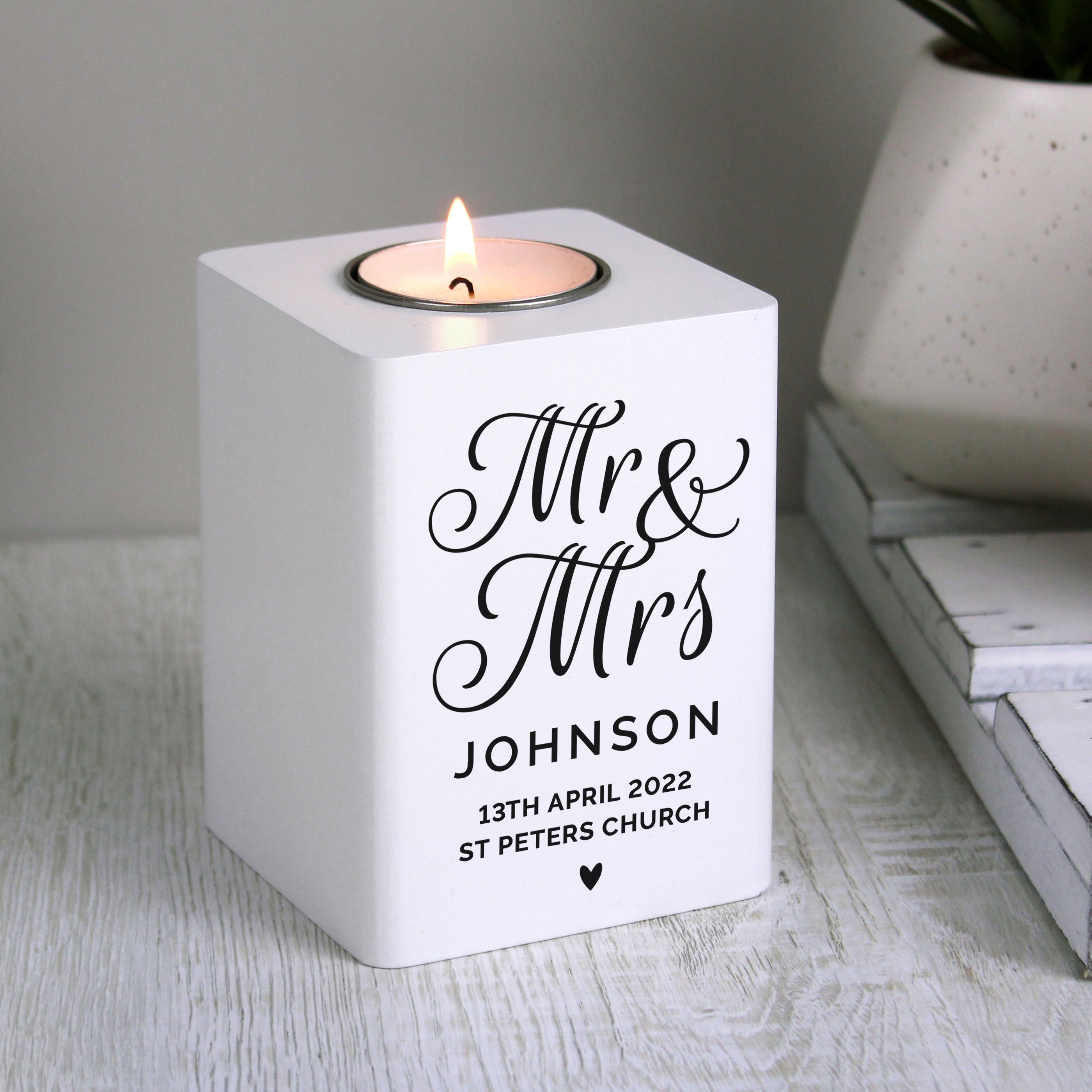 Personalised Mr & Mrs White Wooden Tea Light Holder