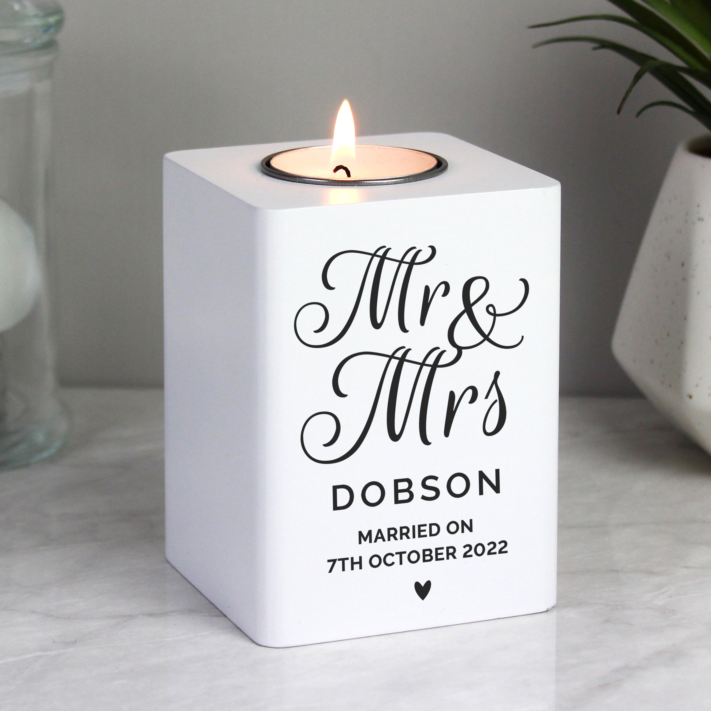 Personalised Mr & Mrs White Wooden Tea Light Holder