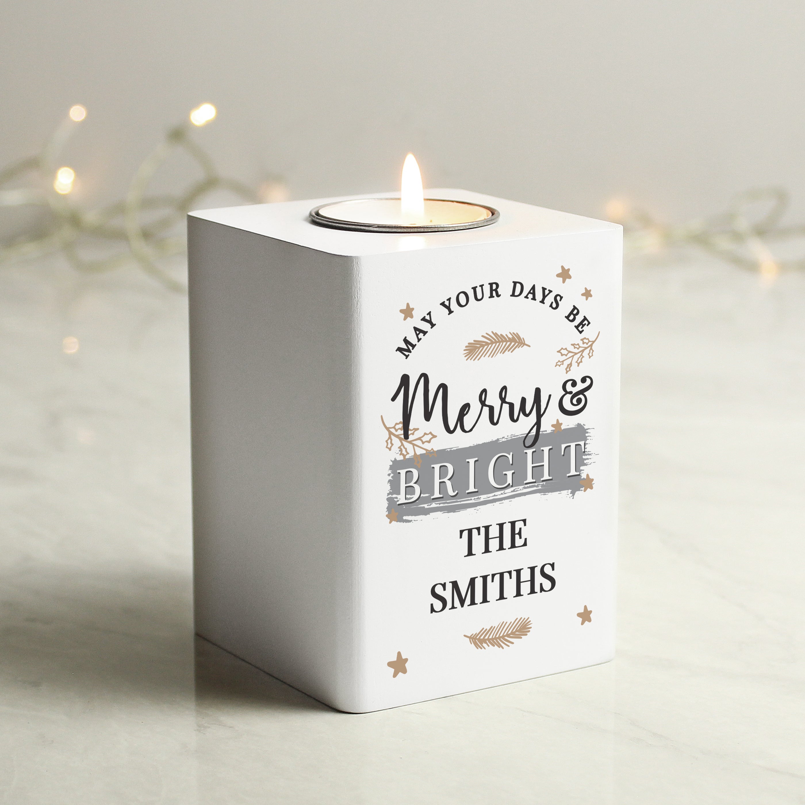 Personalised Merry & Bright White Wooden Tea light Holder