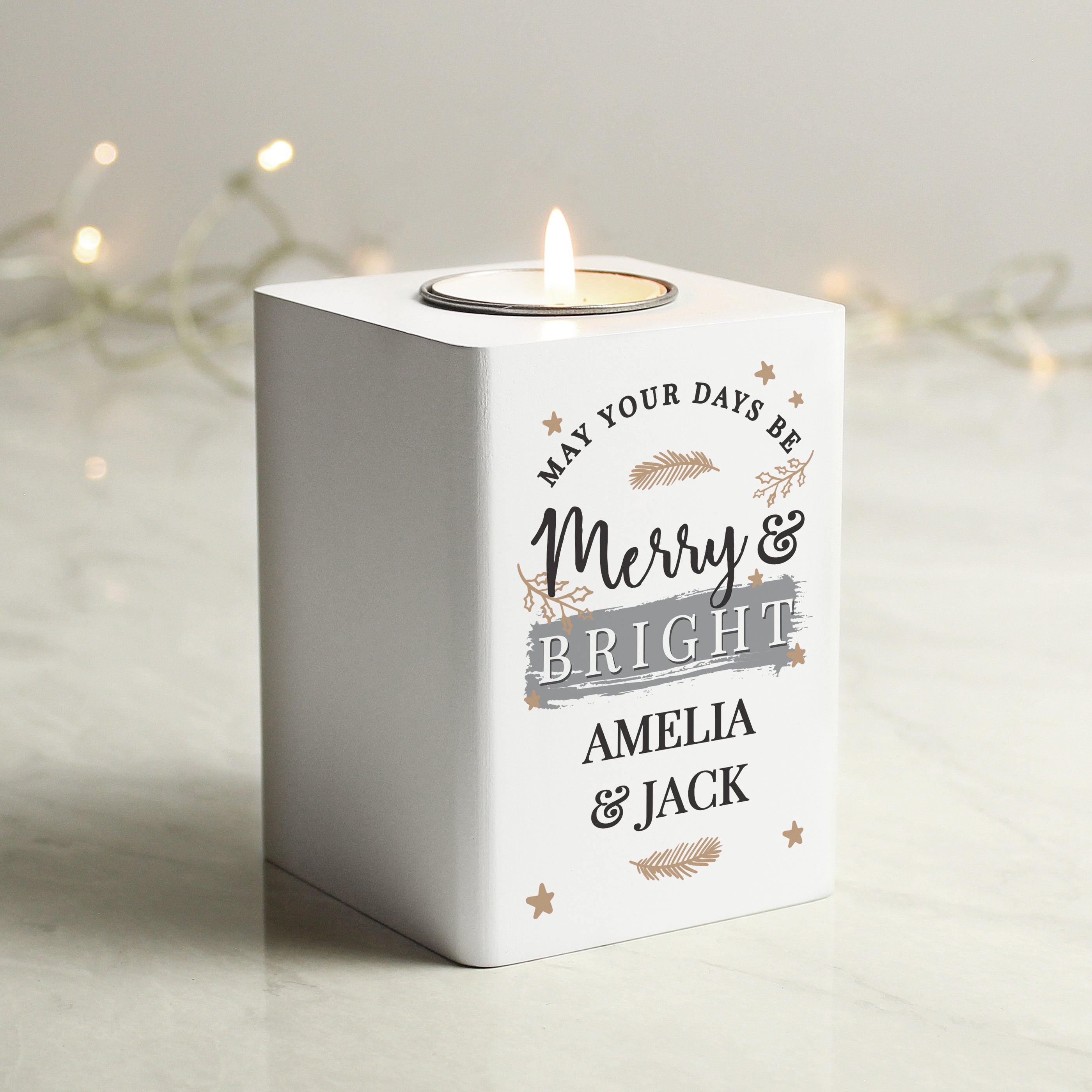 Personalised Merry & Bright White Wooden Tea Light Holder