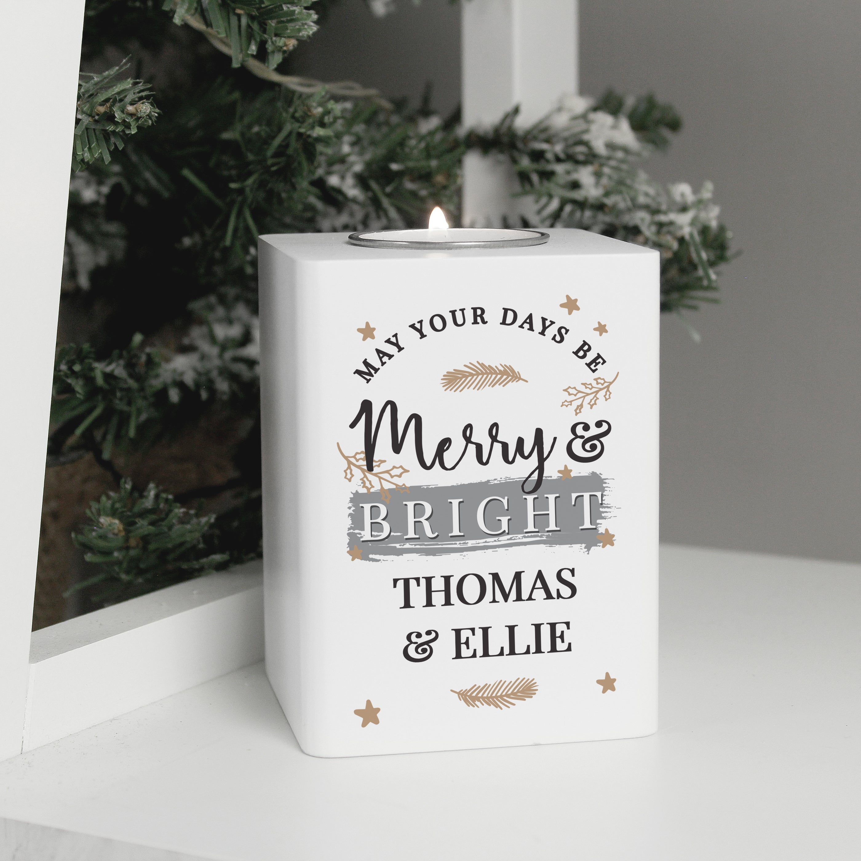 Personalised Merry & Bright White Wooden Tea Light Holder