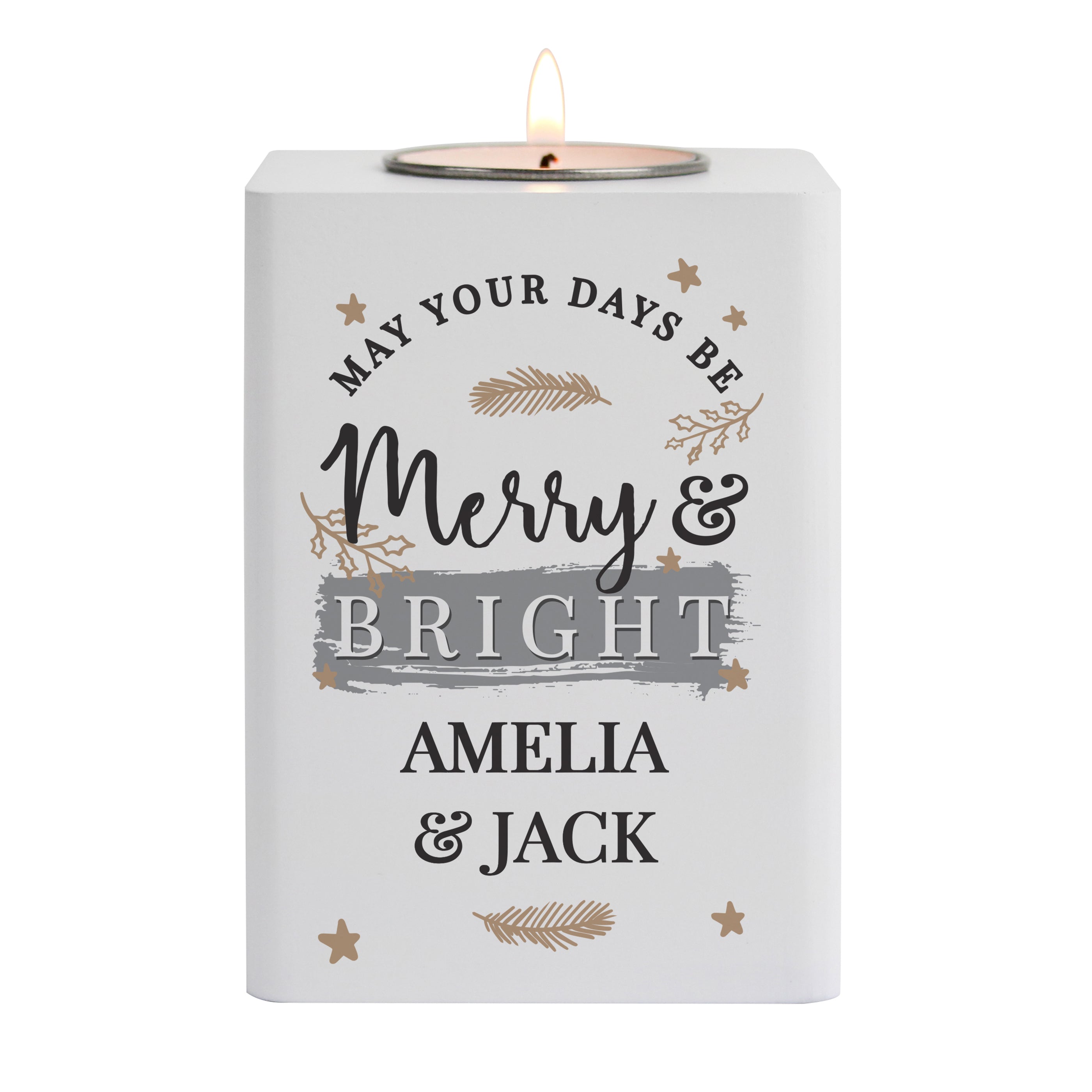 Personalised Merry & Bright White Wooden Tea Light Holder