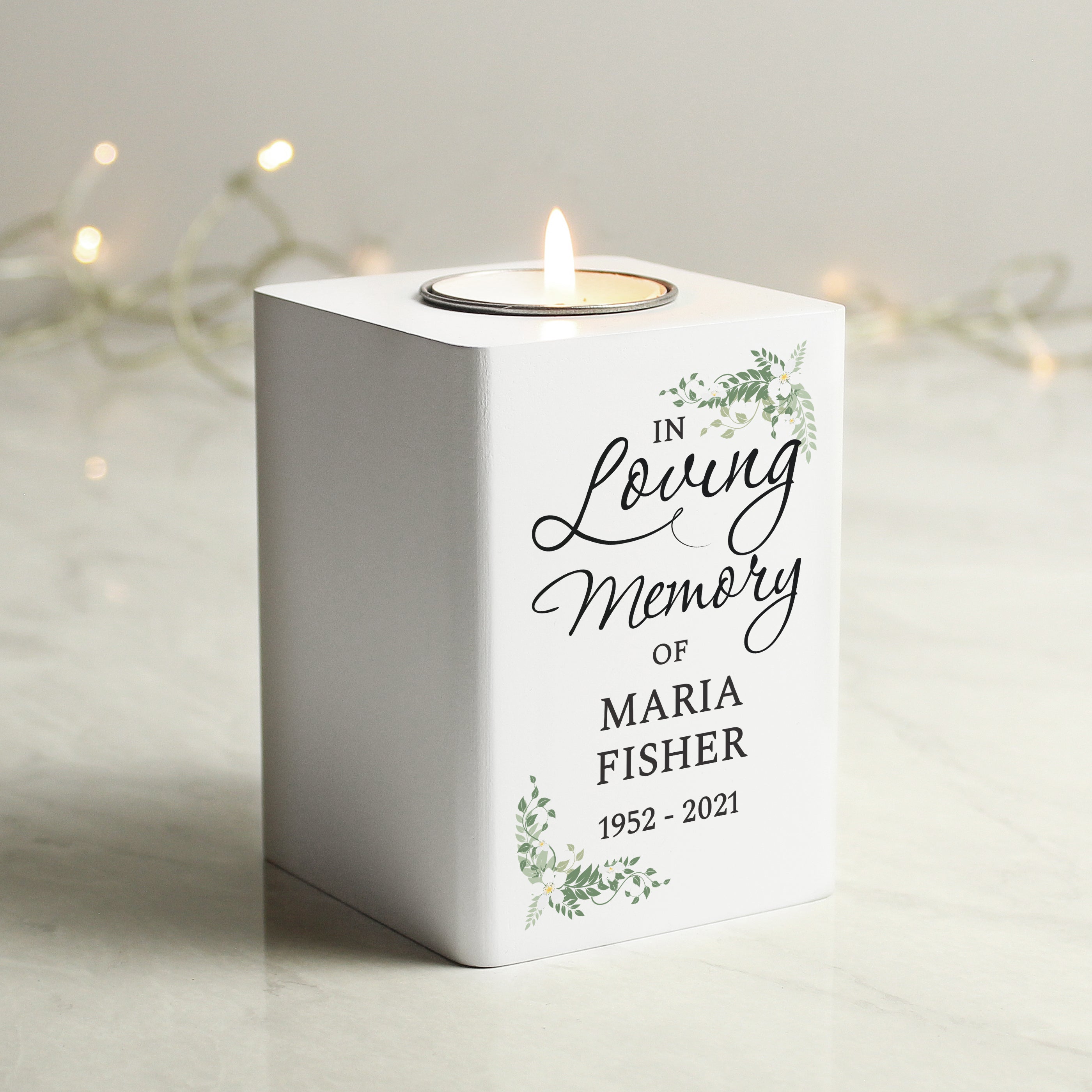 Personalised In Loving Memory White Wooden Tea Light Holder