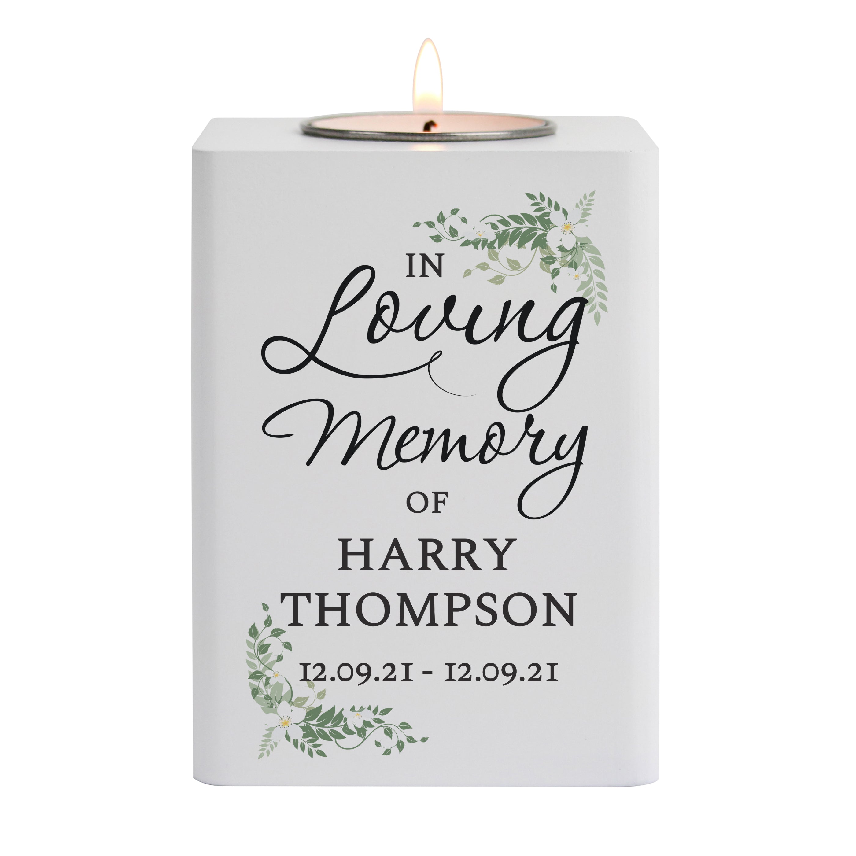 Personalised In Loving Memory White Wooden Tea Light Holder