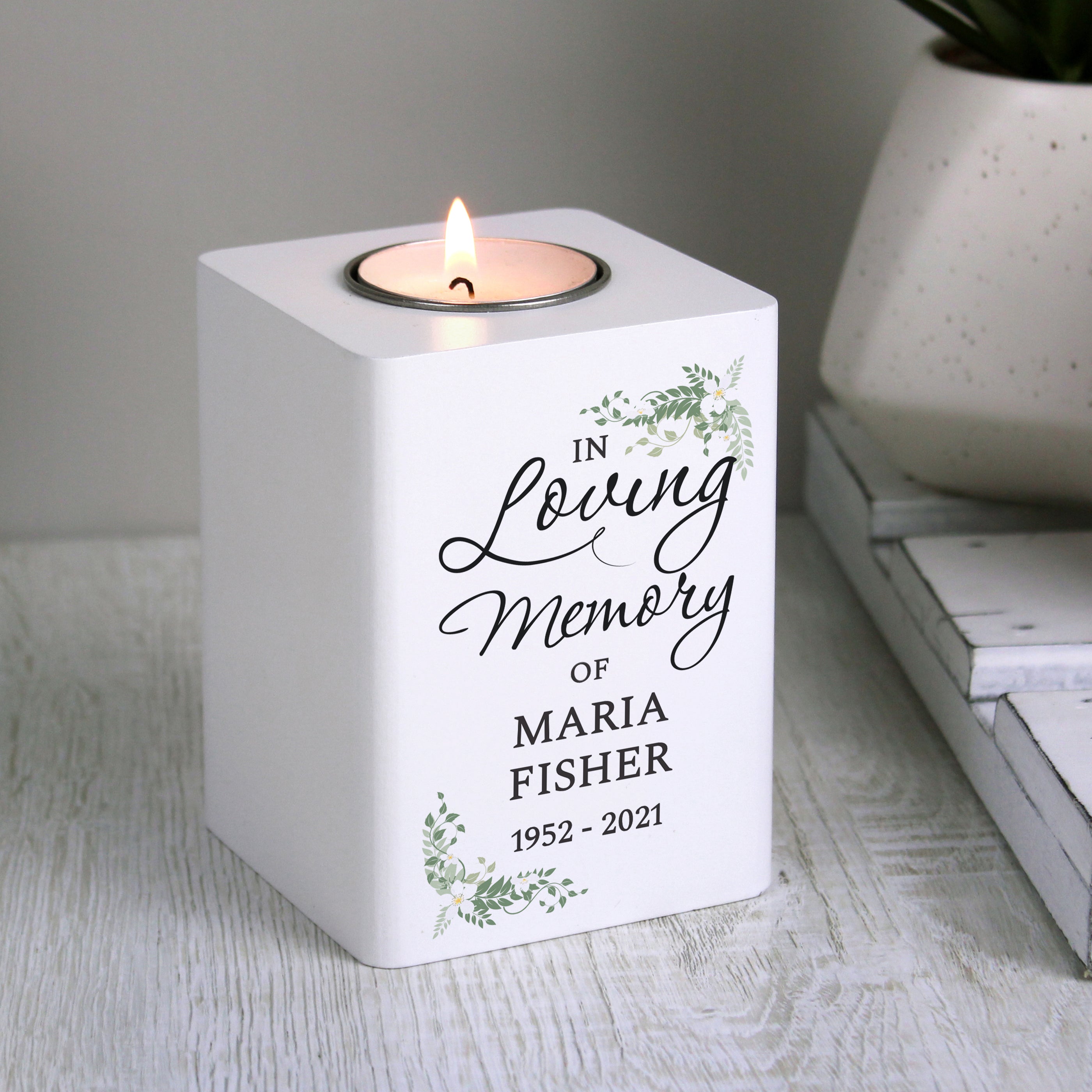 Personalised In Loving Memory White Wooden Tea Light Holder