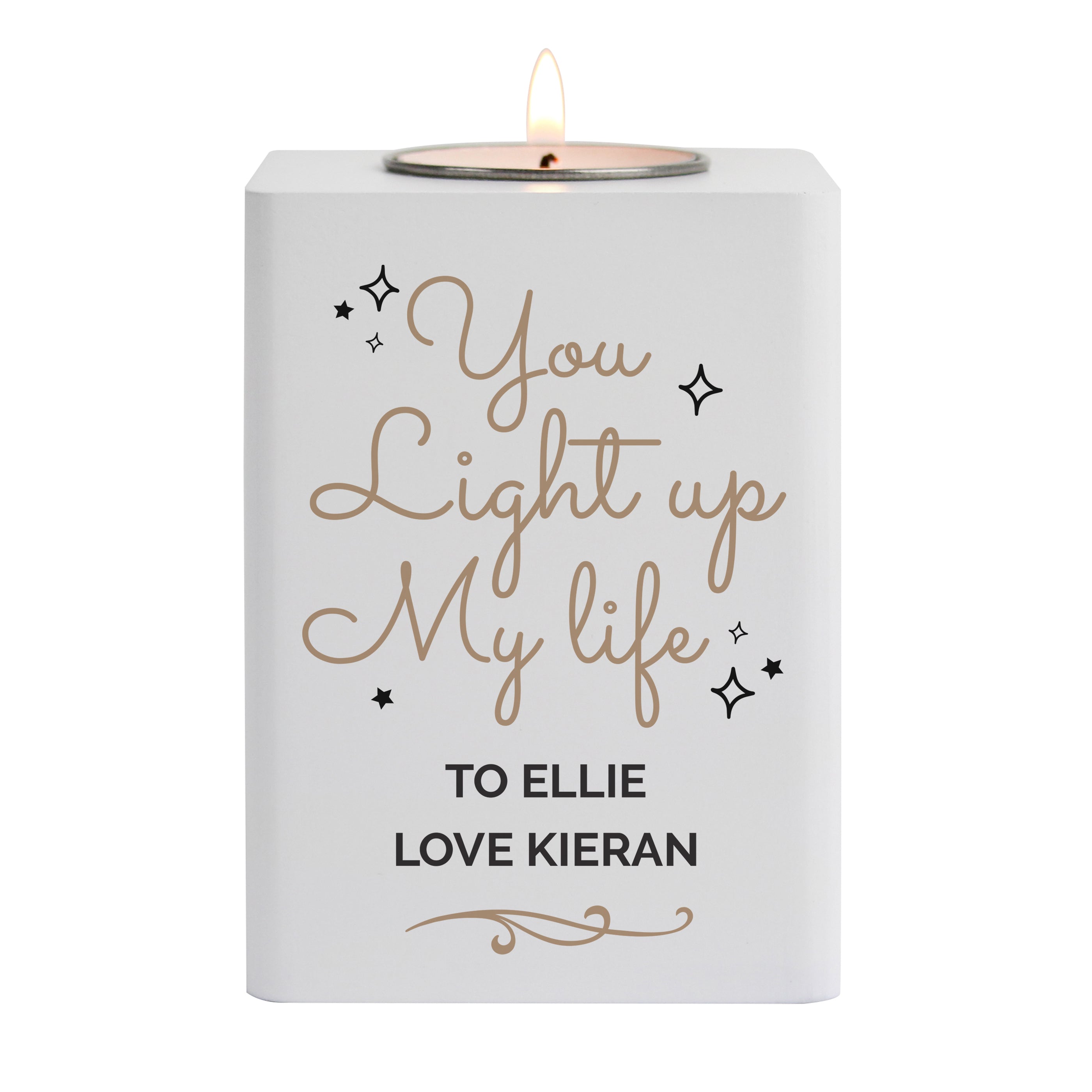 Personalised Light Up My Life White Wooden Tea Light Holder