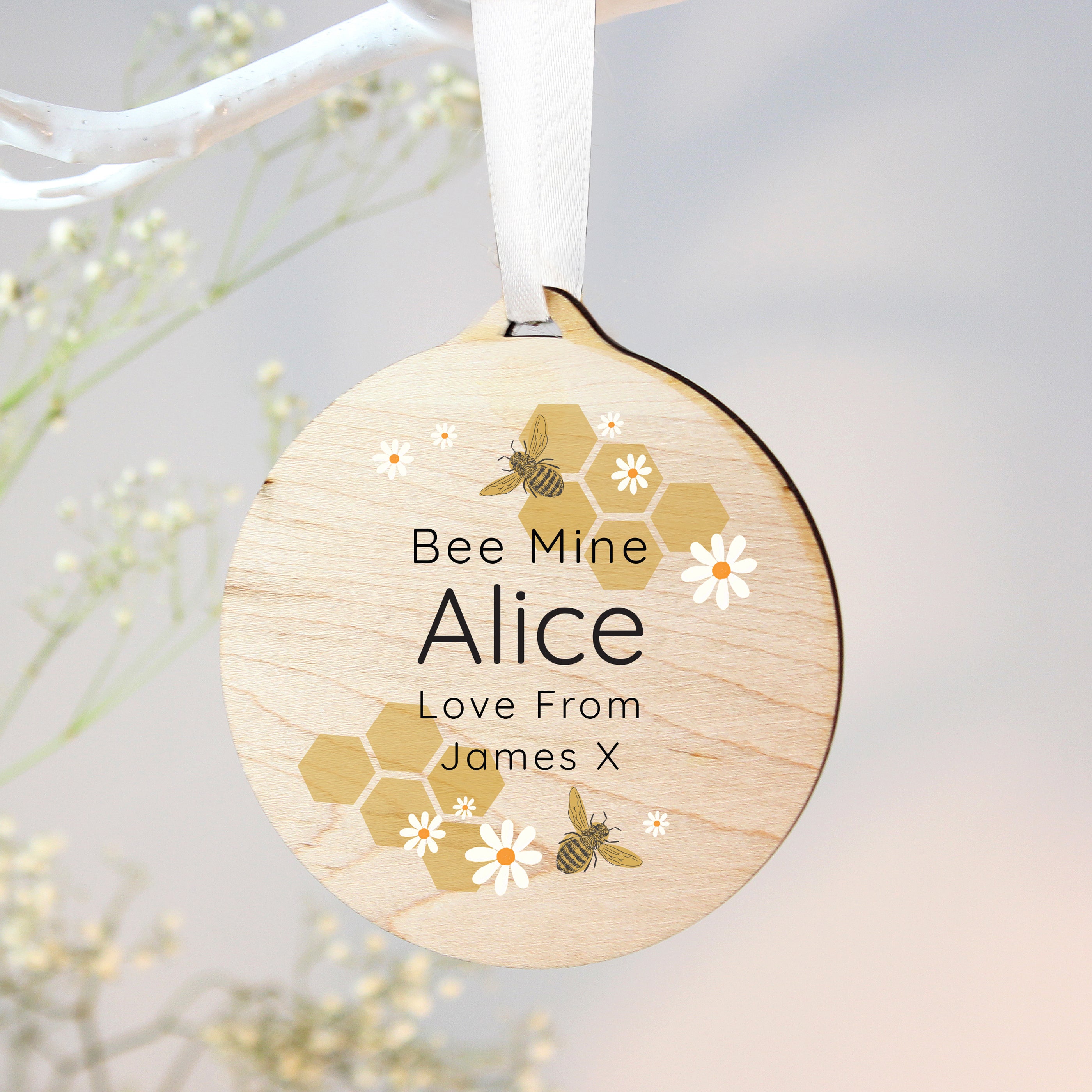 Personalised Bee Round Wooden Decoration