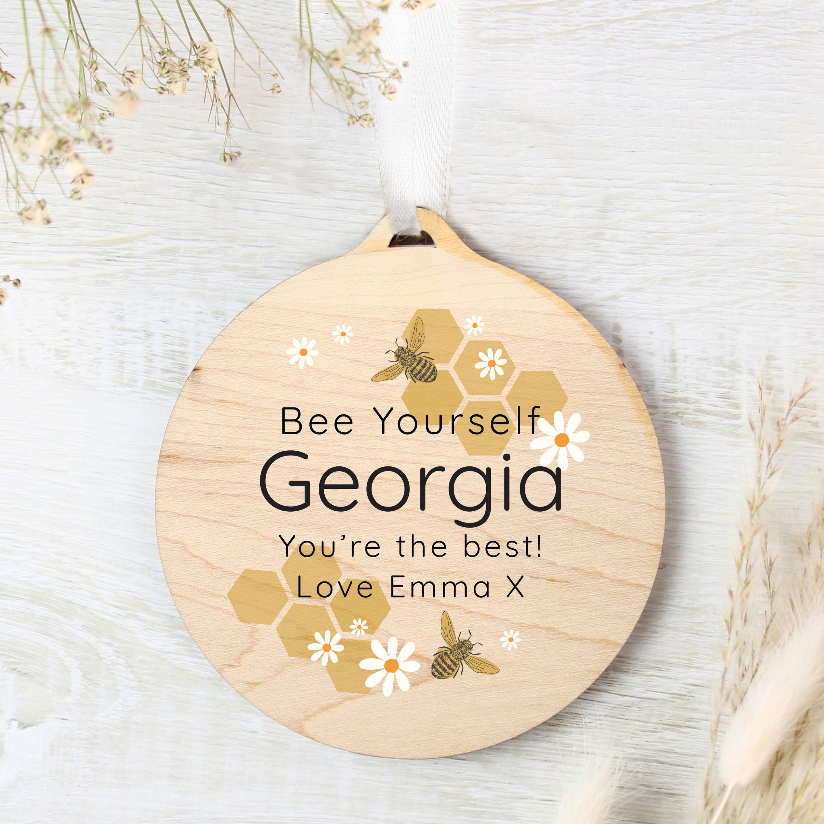 Personalised Bee Round Wooden Decoration